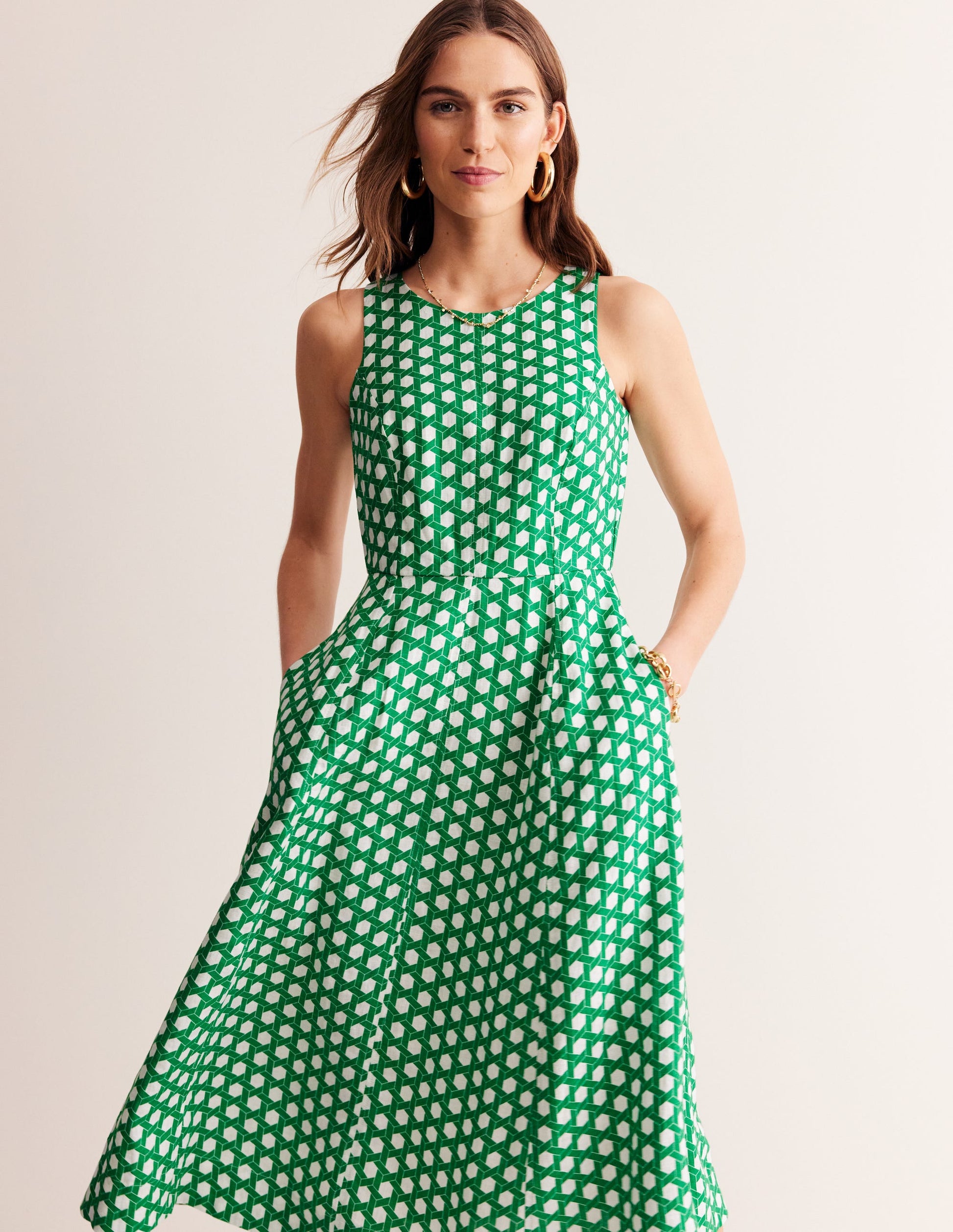 Carla Linen Midi Dress-Green Tambourine, Geo-4