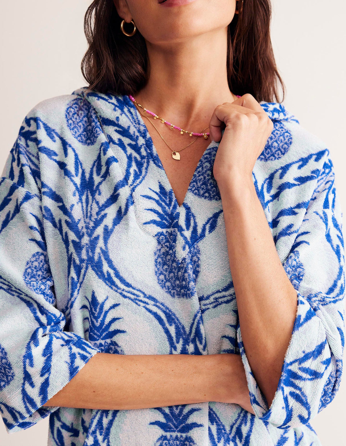 Hooded Towelling Short Kaftan-Surf the Web, Pineapple Wave - Image 4