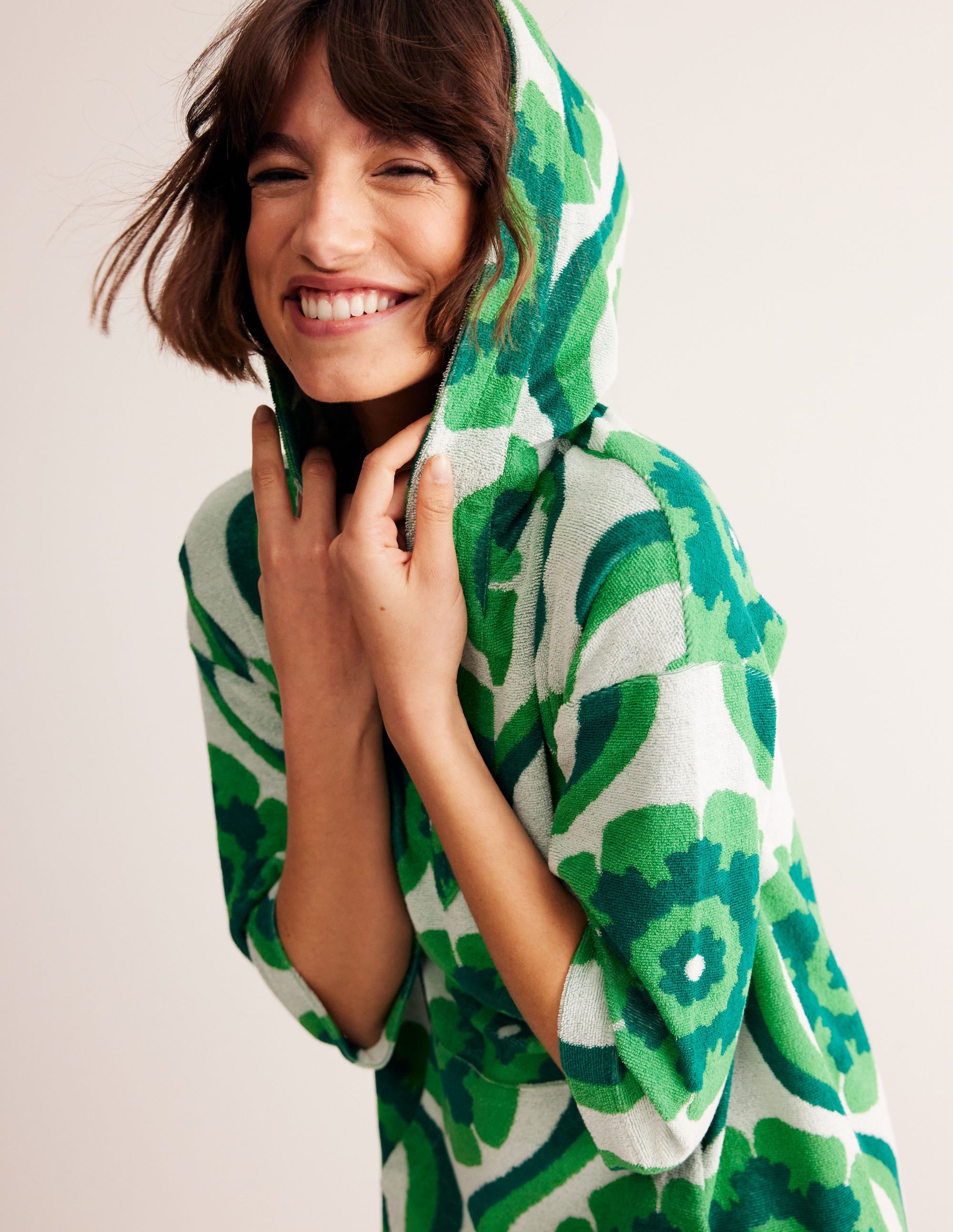 Hooded Towelling Short Kaftan-Stone Green, Geo Floret - Image 1