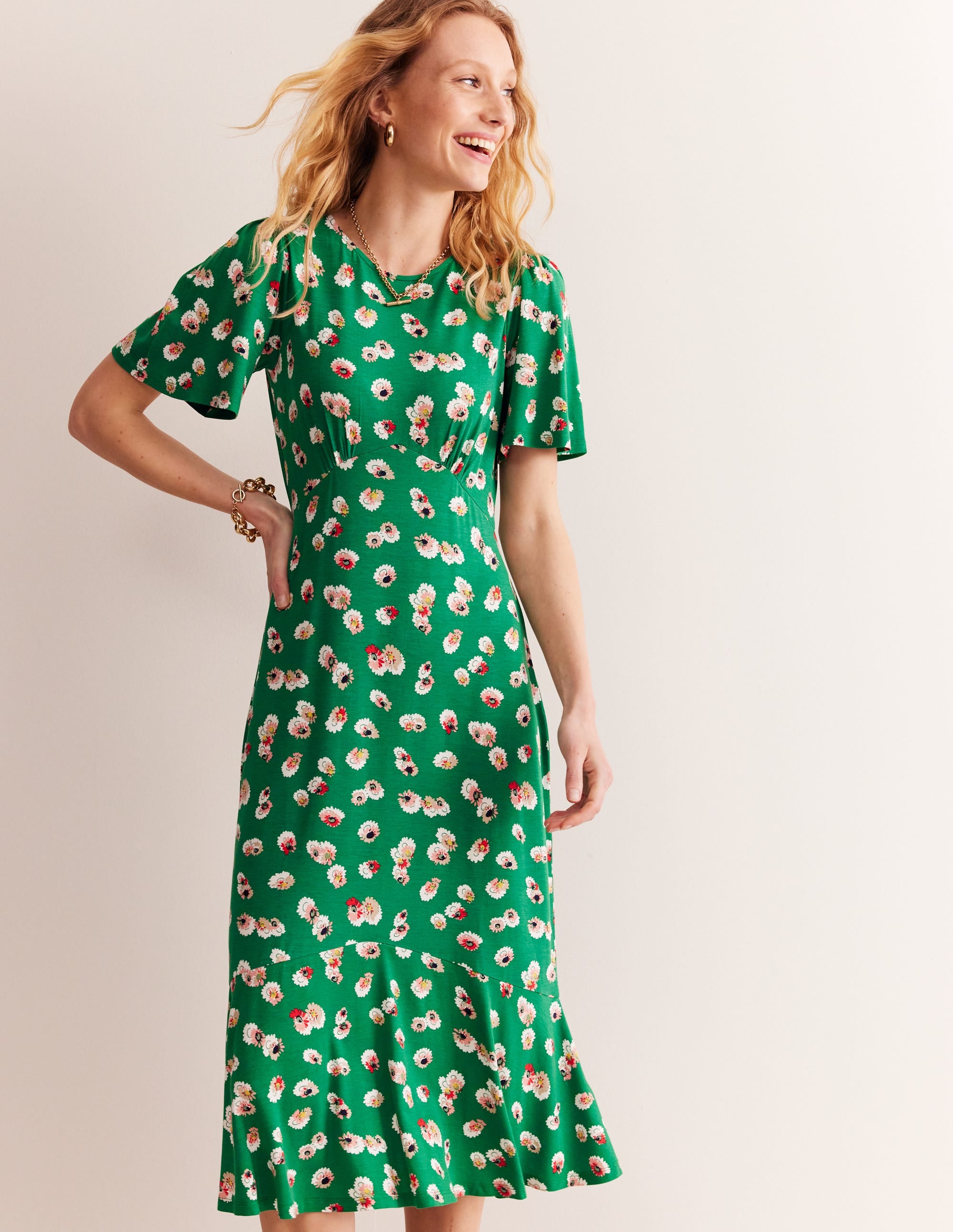 Felicity Jersey Midi Tea Dress-Green, Botanical Petal - Image 1