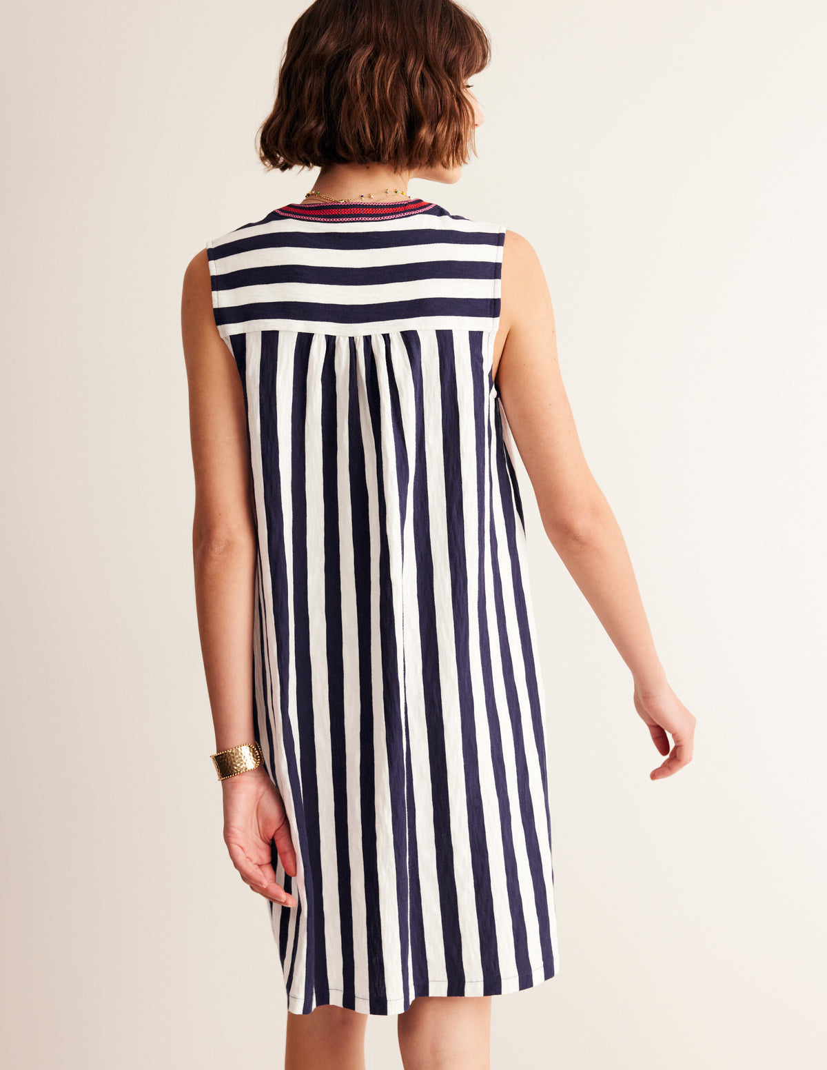 Robe Nadine à col cranté en coton-Bleu marine, rayé ivoire - Image 3