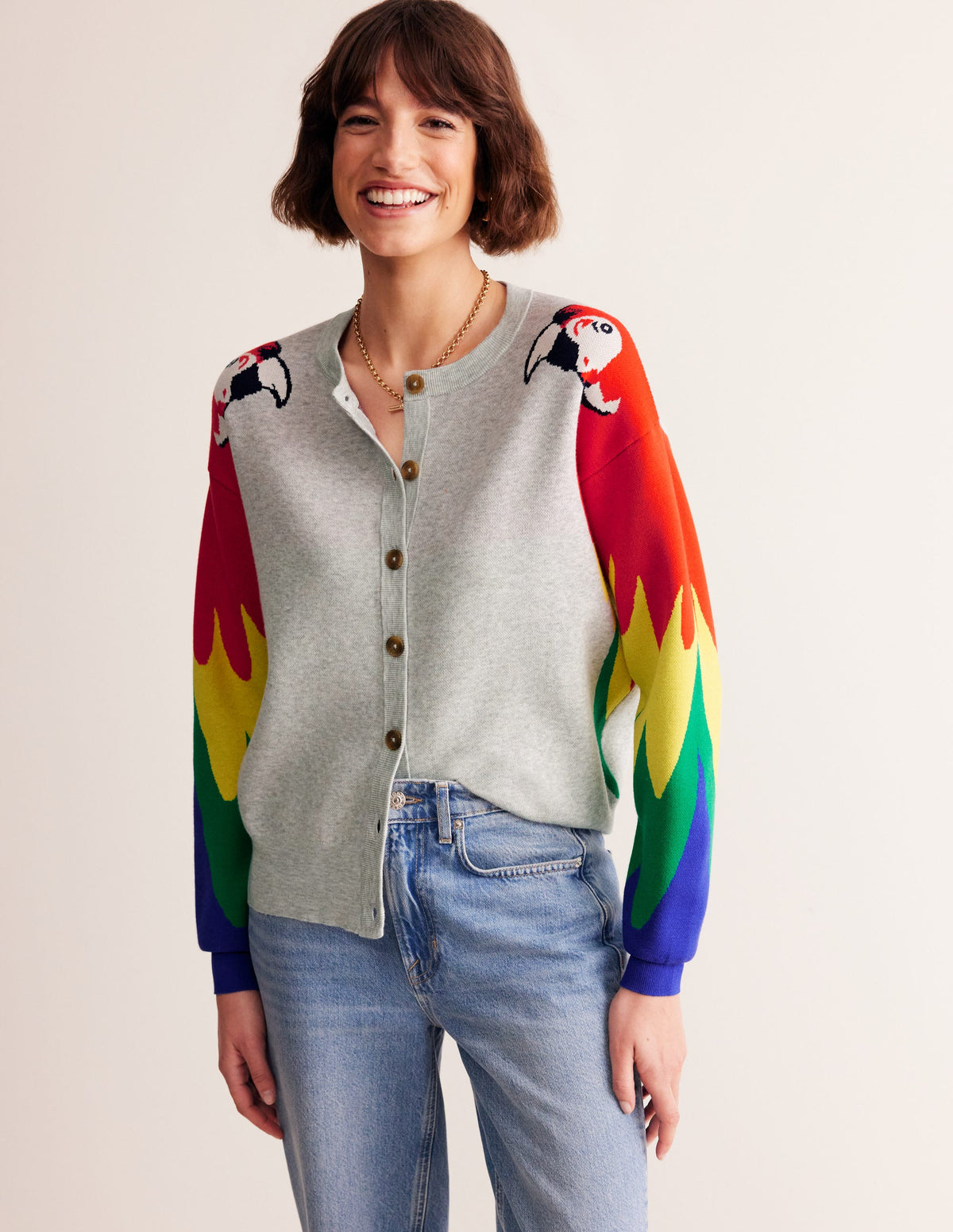 Originelle Strickjacke-Blassgrau Meliert, Papageien-4