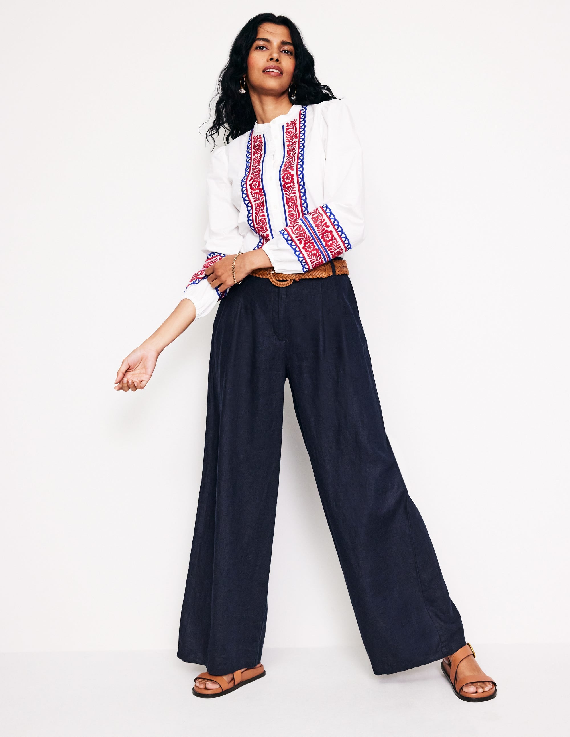 Regent Pleat Linen Trousers-Navy - Image 1