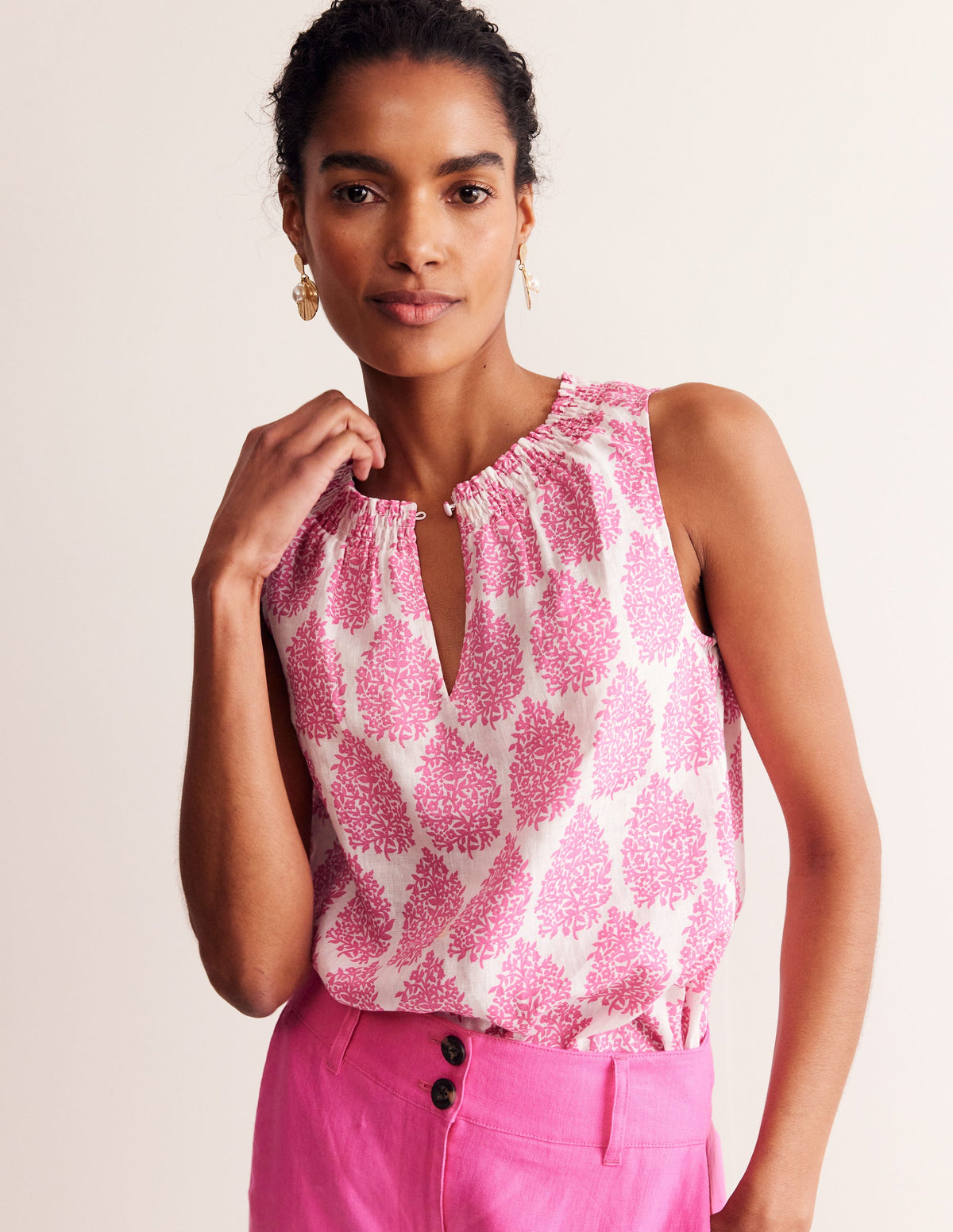 Georgia Ärmelloses Leinenoberteil-Sangria Sunset Pink, Blümchen-Paisley-1
