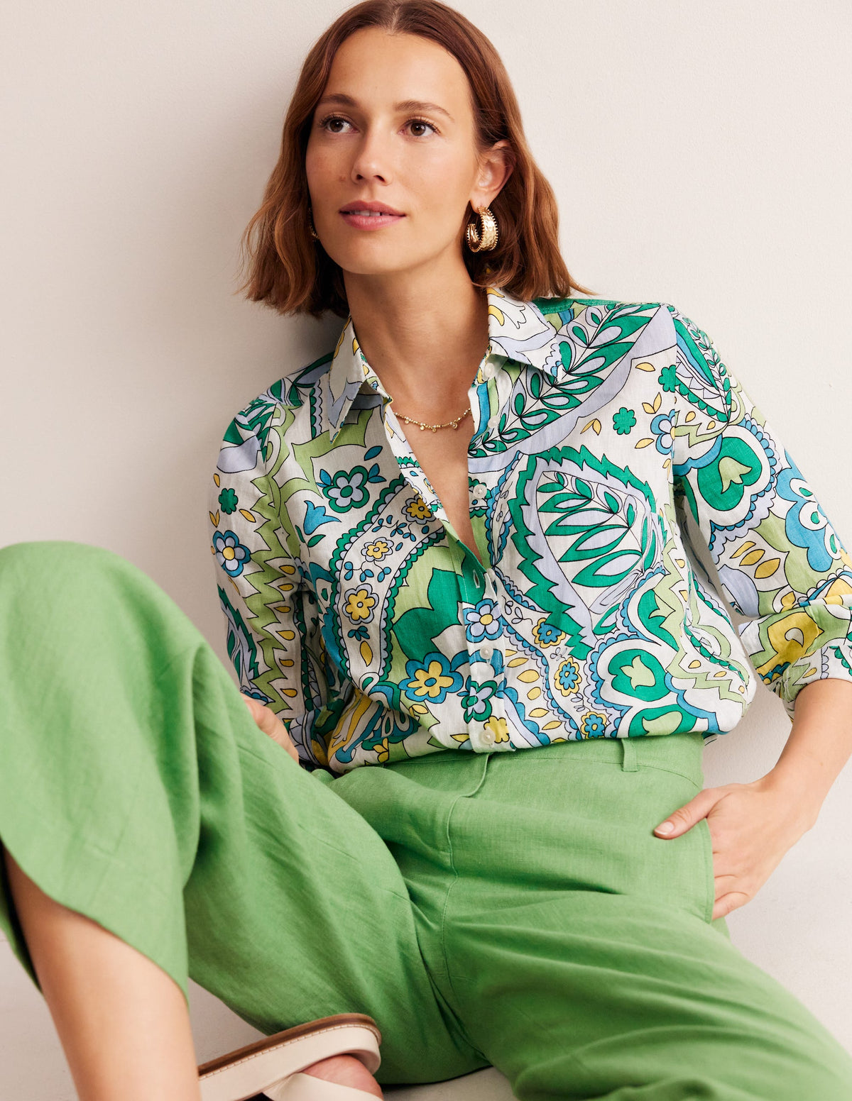 Sienna Leinenhemd-Smaragd, Blätter-Paisley-4