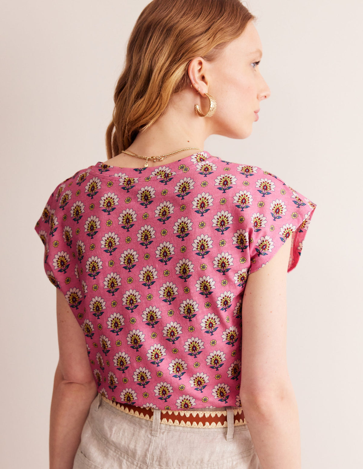Louisa Printed Slub T-Shirt-Rose Damask, Passion Geo - Image 3