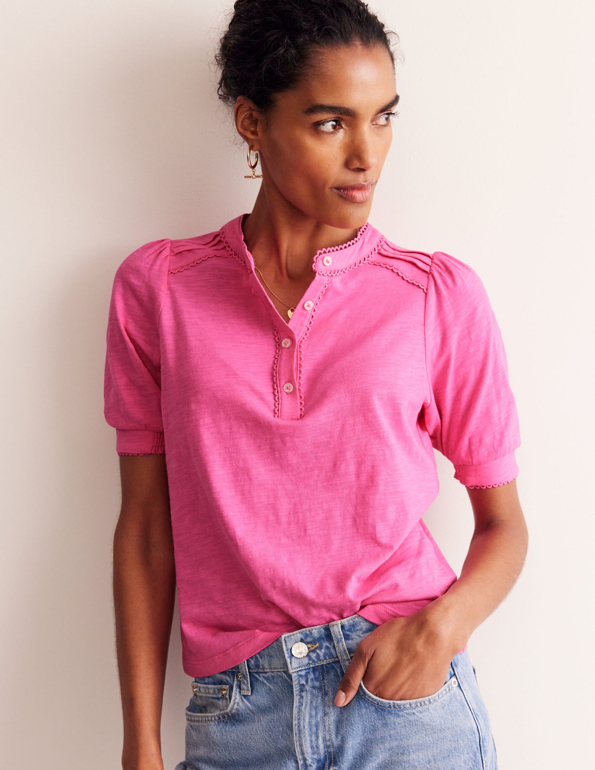 Henley-Shirt mit Biesen und Puffärmeln-Pink-1