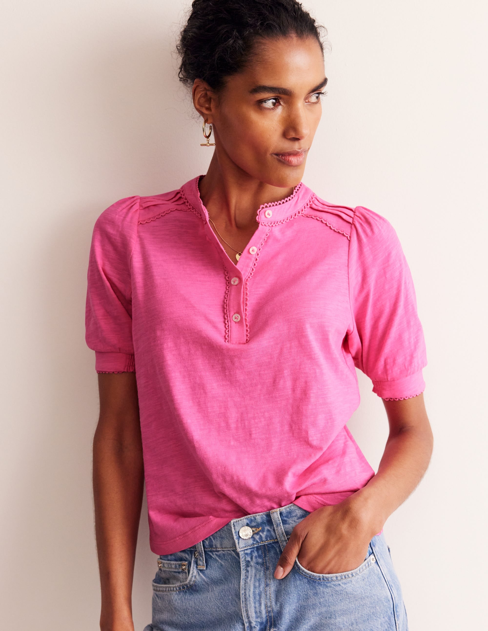 Henley-Shirt mit Biesen und Puffärmeln-Pink - Image 1