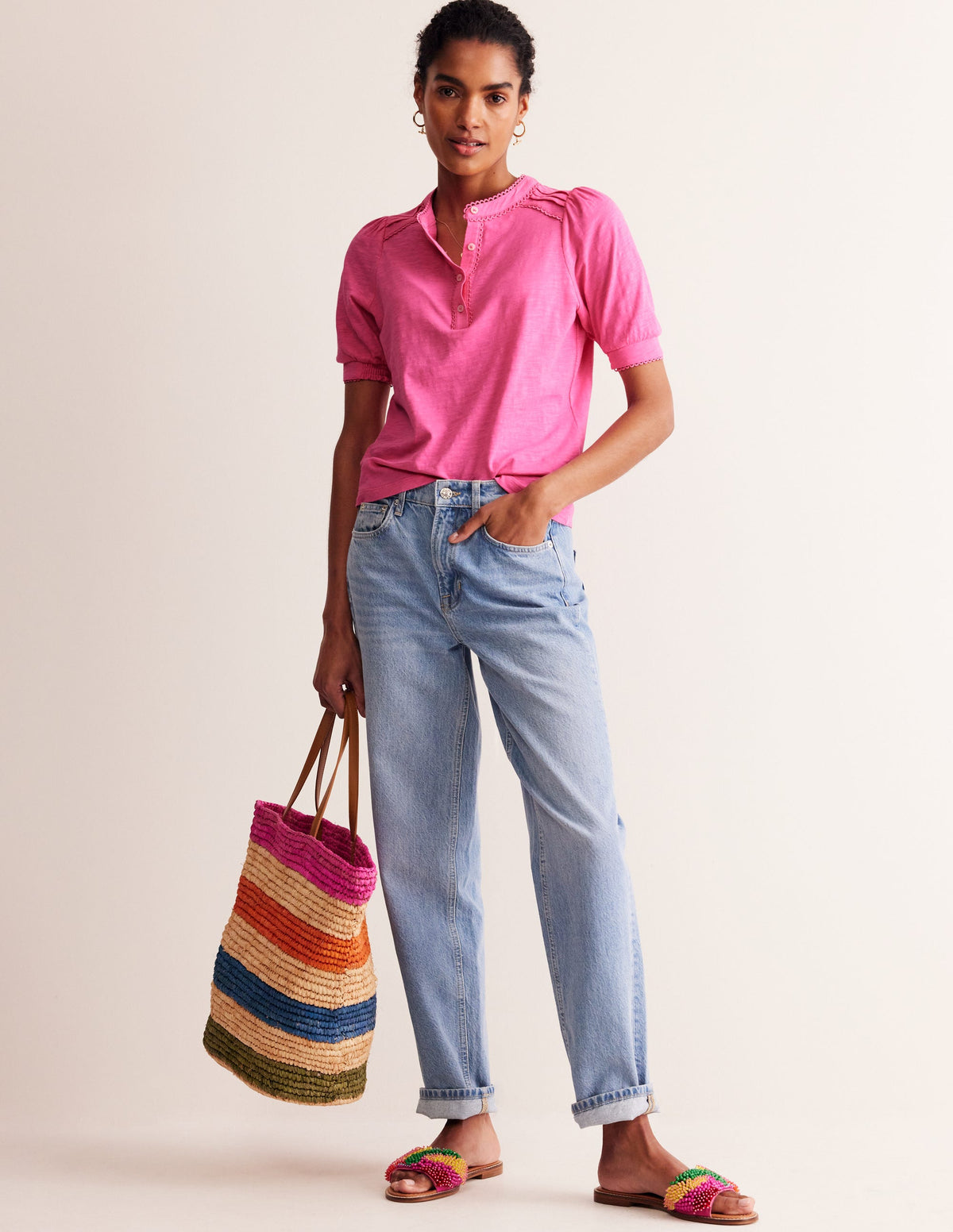 Henley-Shirt mit Biesen und Puffärmeln-Pink-4
