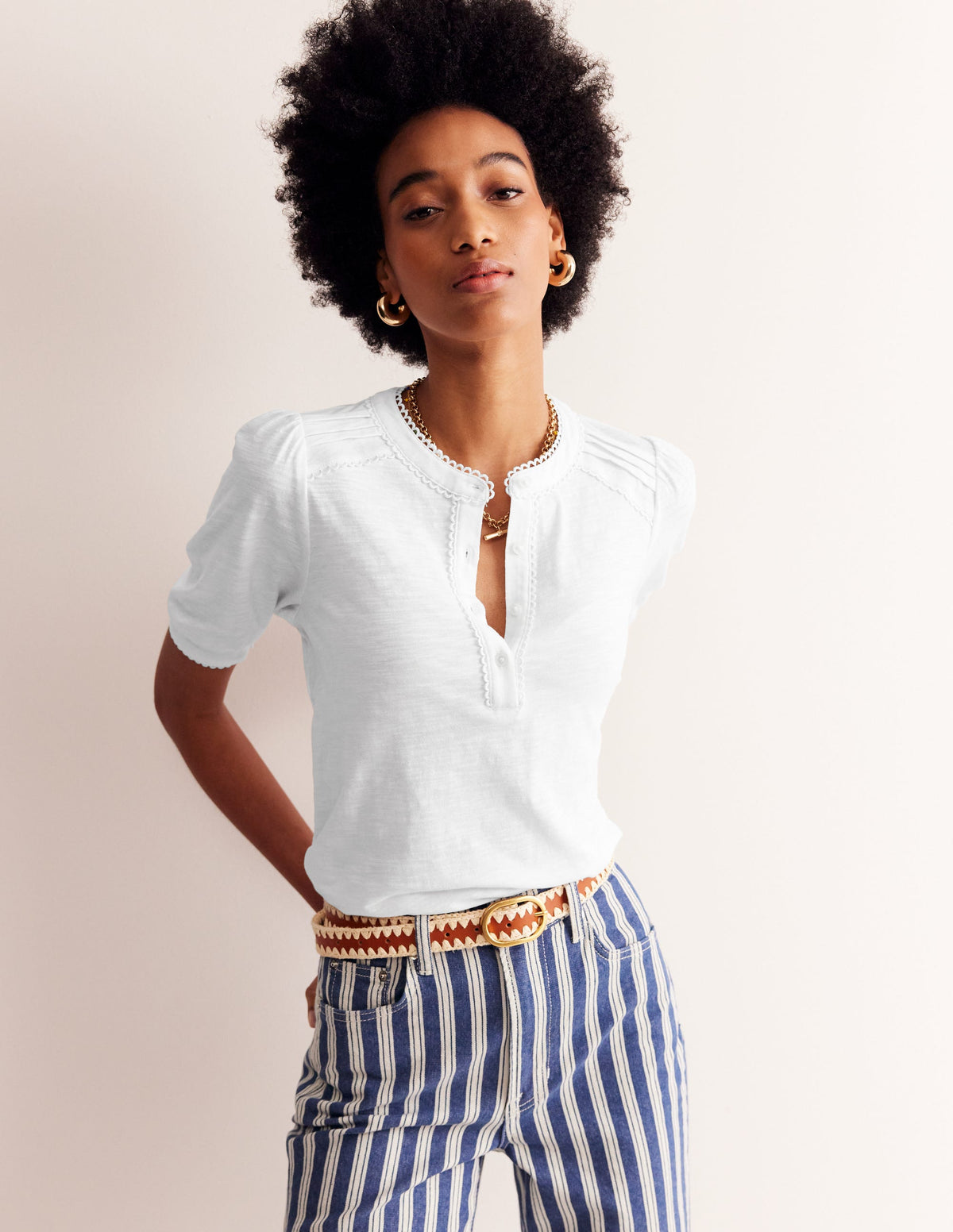 Pintuck Puff Sleeve Henley-White - Image 1