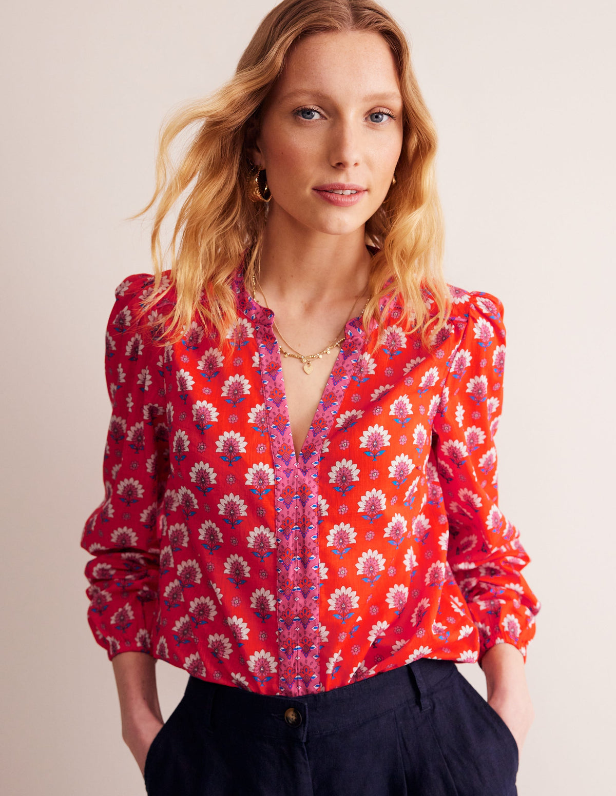 Top imprimé en coton-Rouge mandarine, motif Passion Geo-1