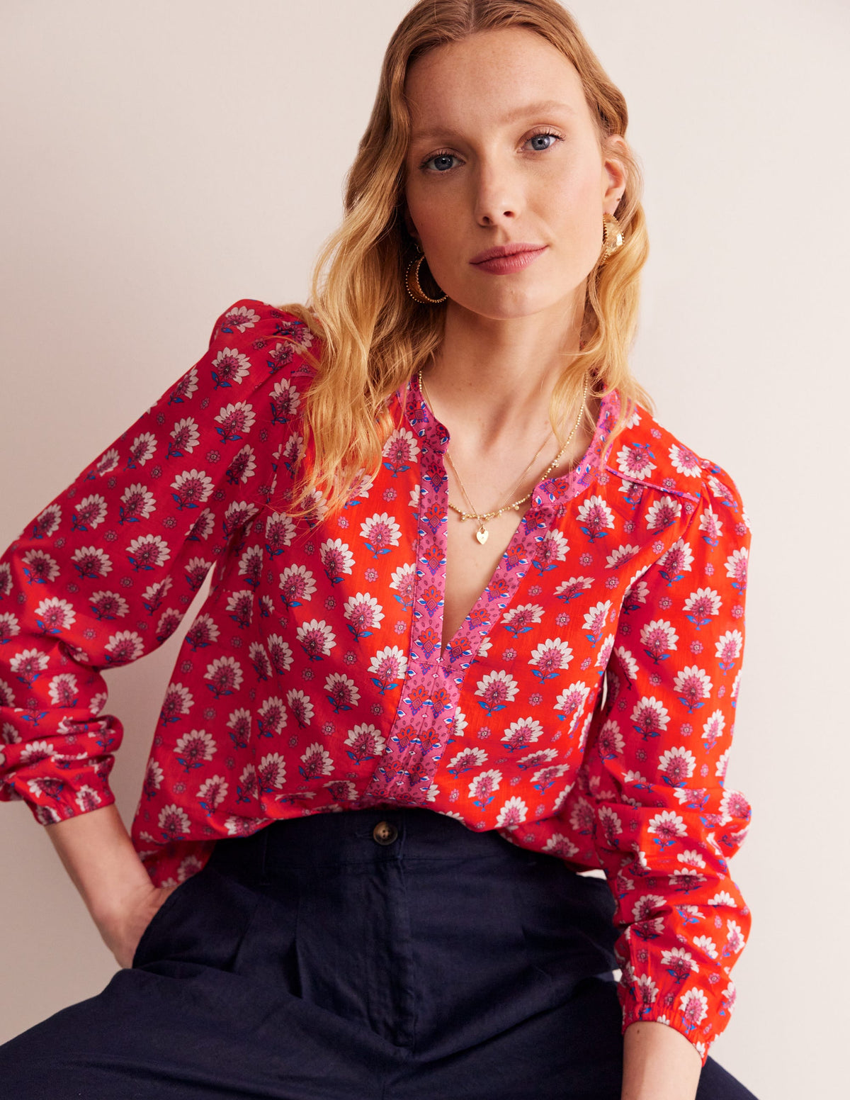 Top imprimé en coton-Rouge mandarine, motif Passion Geo-4