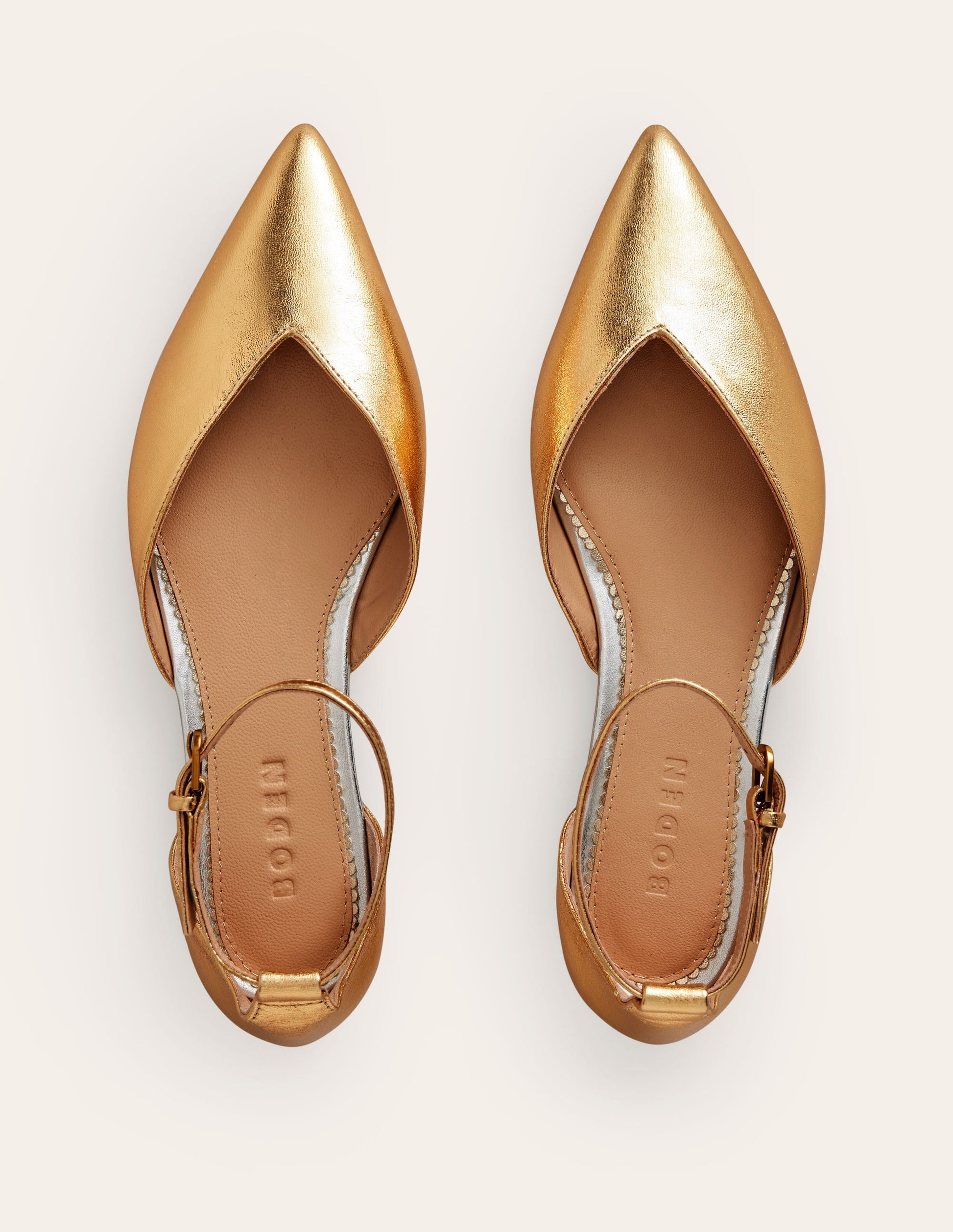 Flache Ballerina-Pumps mit Knöchelriemen-Gold Metallic-Leder-5