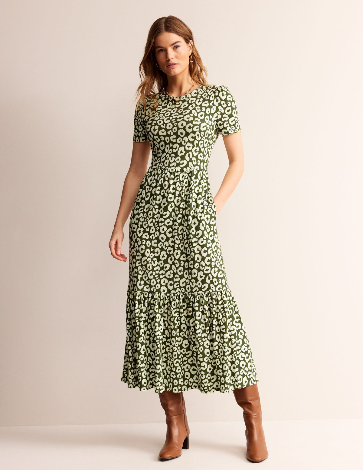 Emma Gestuftes Jersey-Midikleid-Wintermoos, Tierisch Gepard - Image 1