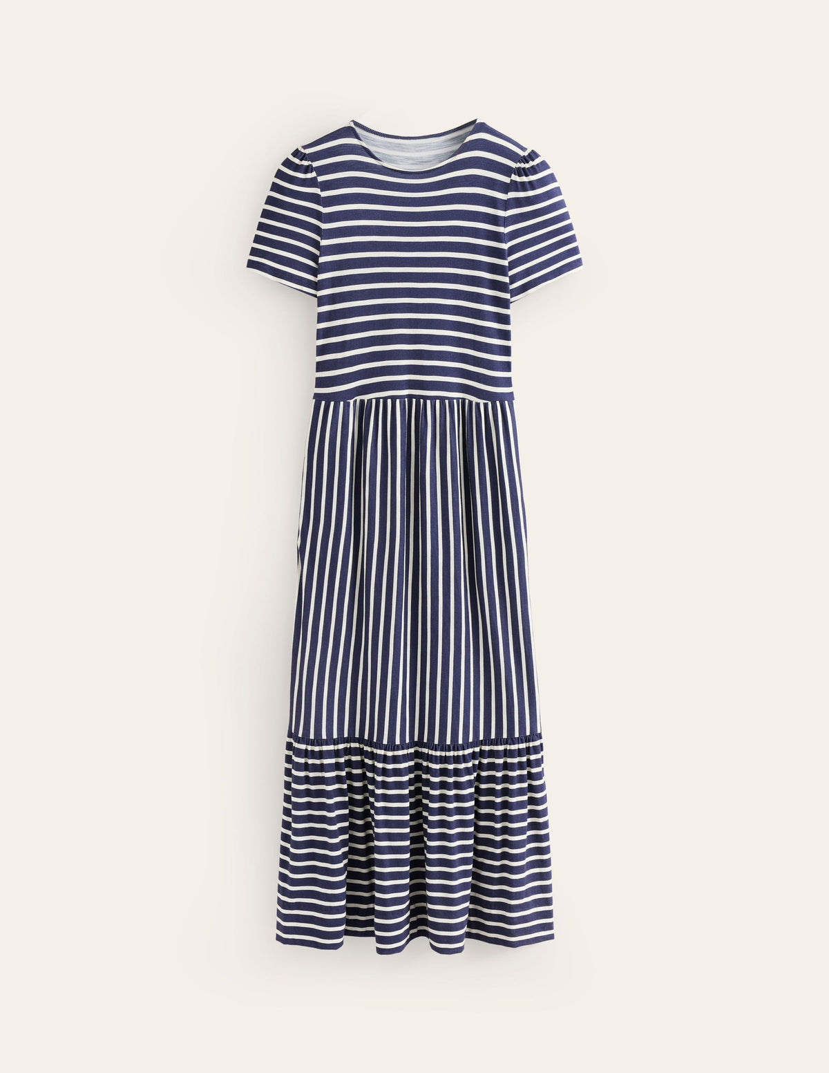 Emma Tiered Jersey Midi Dress-French Navy, Ivory Stripe - Image 6