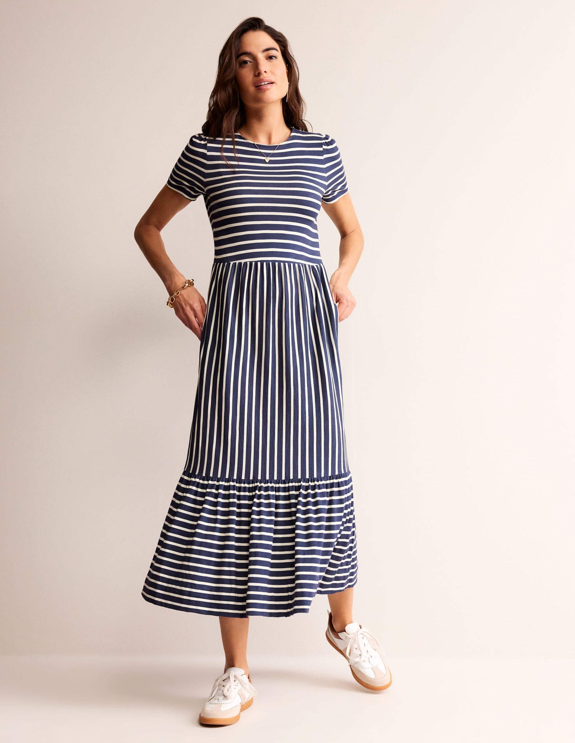 Emma Tiered Jersey Midi Dress-French Navy, Ivory Stripe-1