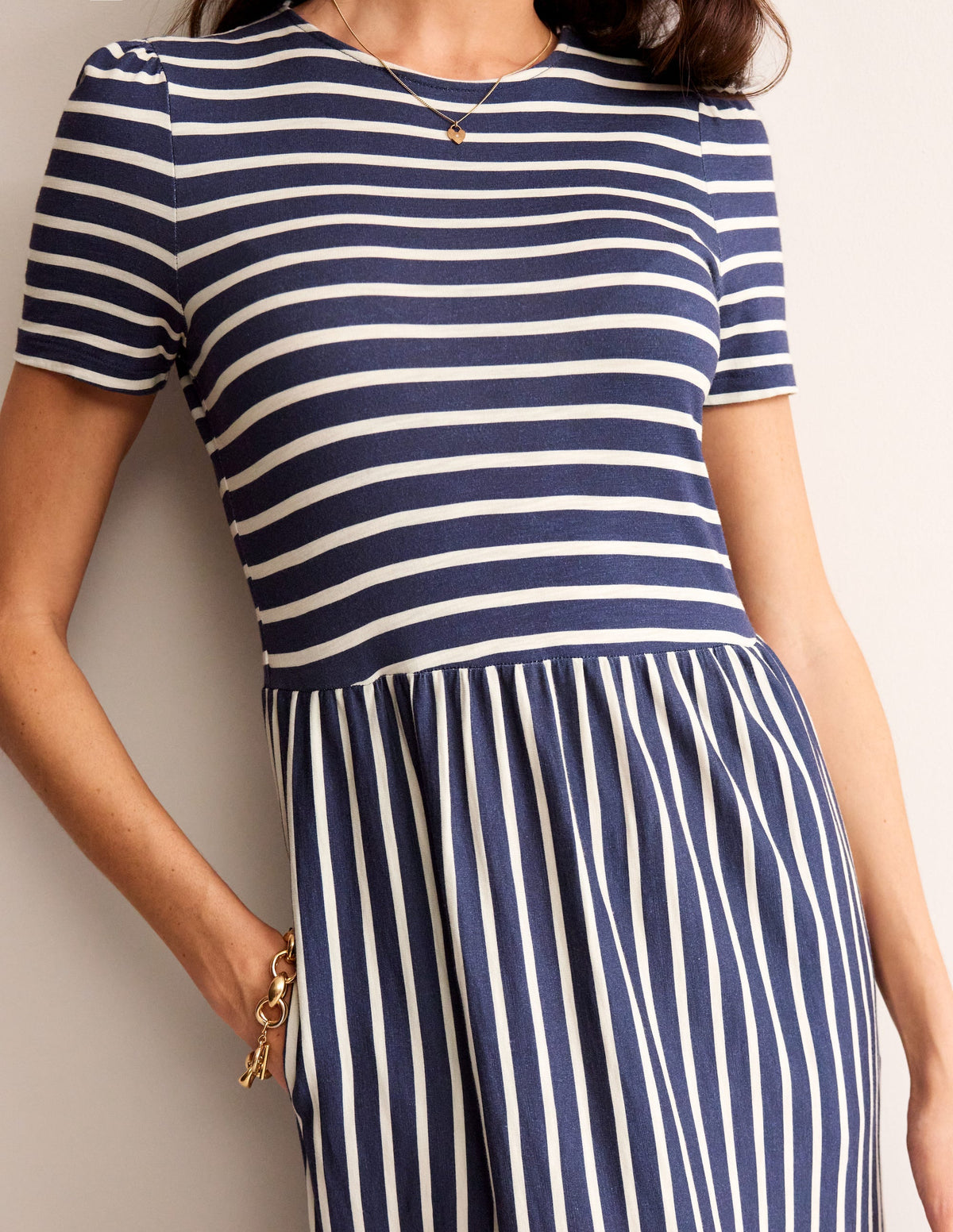 Emma Tiered Jersey Midi Dress-French Navy, Ivory Stripe - Image 2