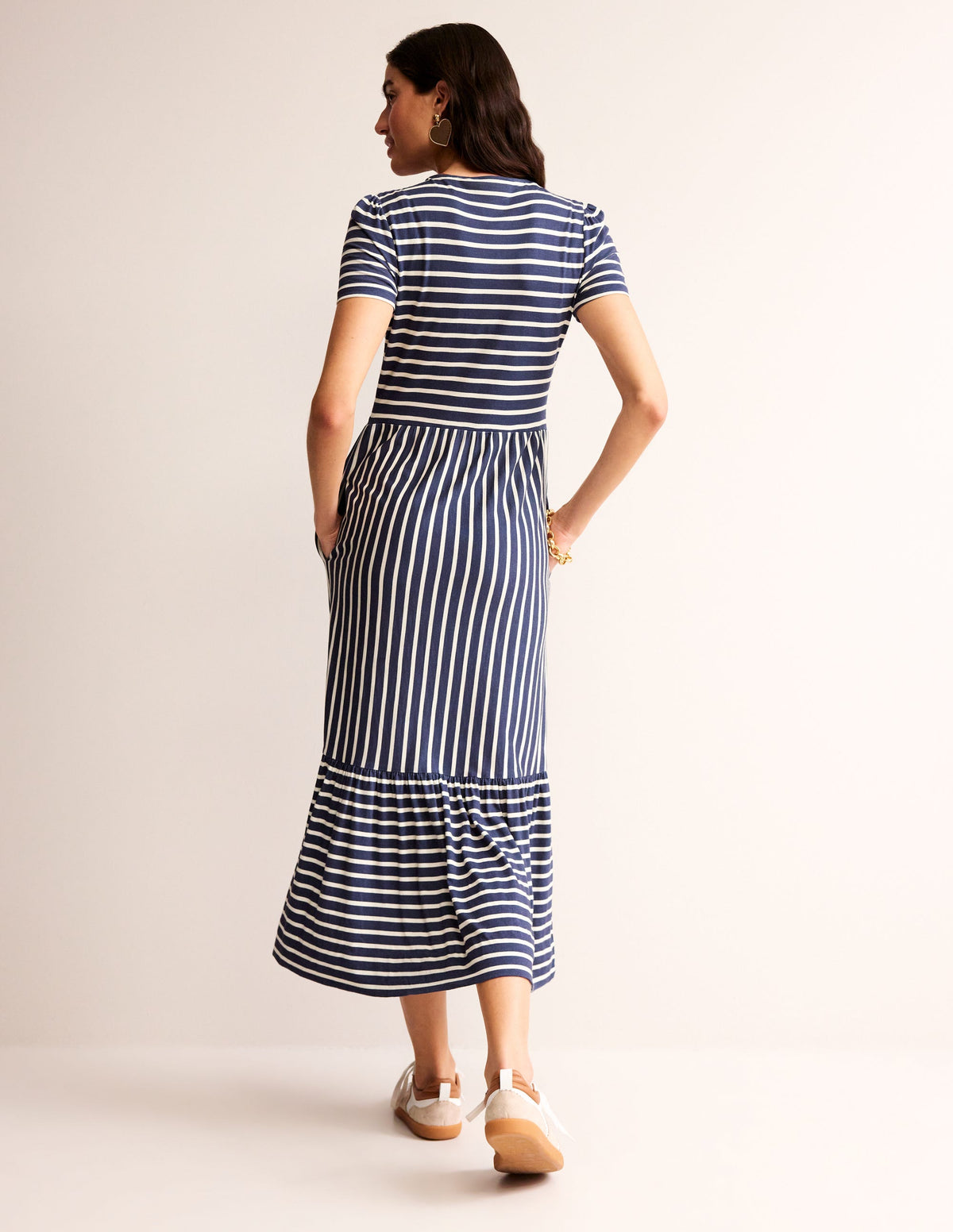 Emma Tiered Jersey Midi Dress-French Navy, Ivory Stripe-3