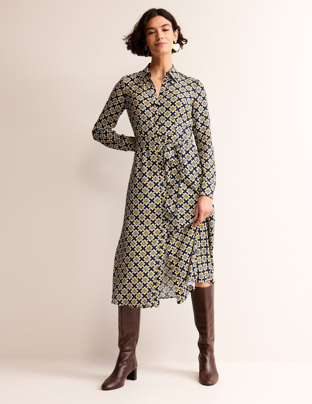 Kate Midi-Hemdblusenkleid-Antik Moos, Diamant Floral-1