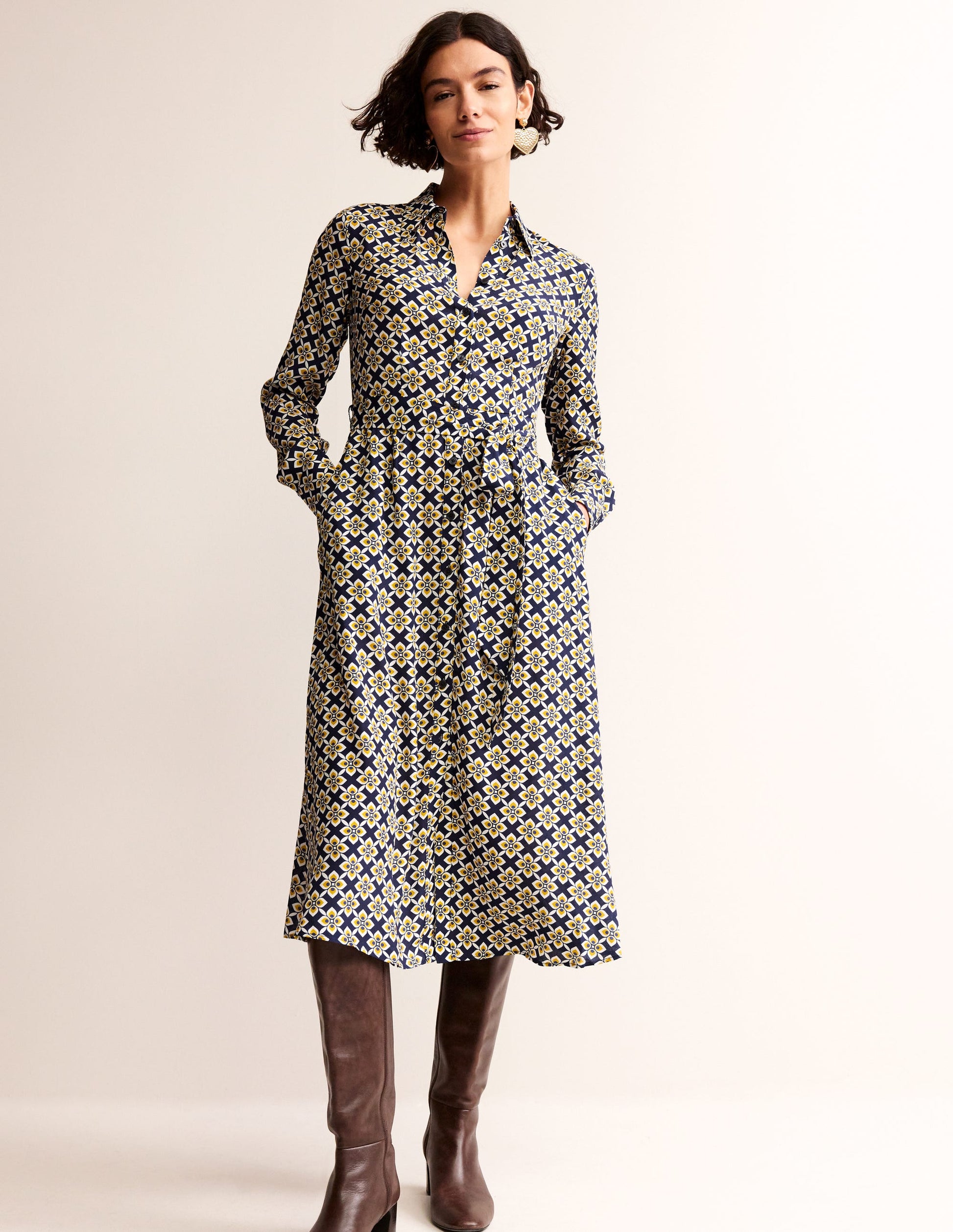 Kate Midi-Hemdblusenkleid-Antik Moos, Diamant Floral-4