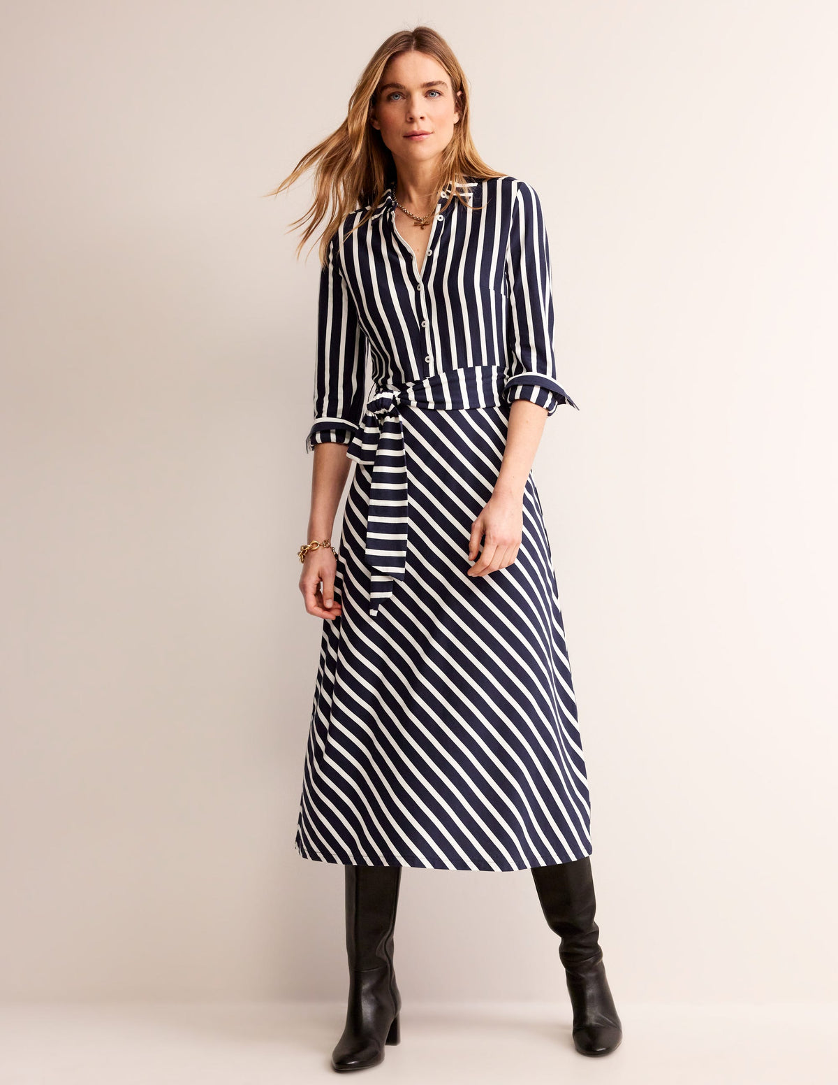 Robe-chemise midi Laura en jersey-Bleu marine foncé, rayé ivoire-2