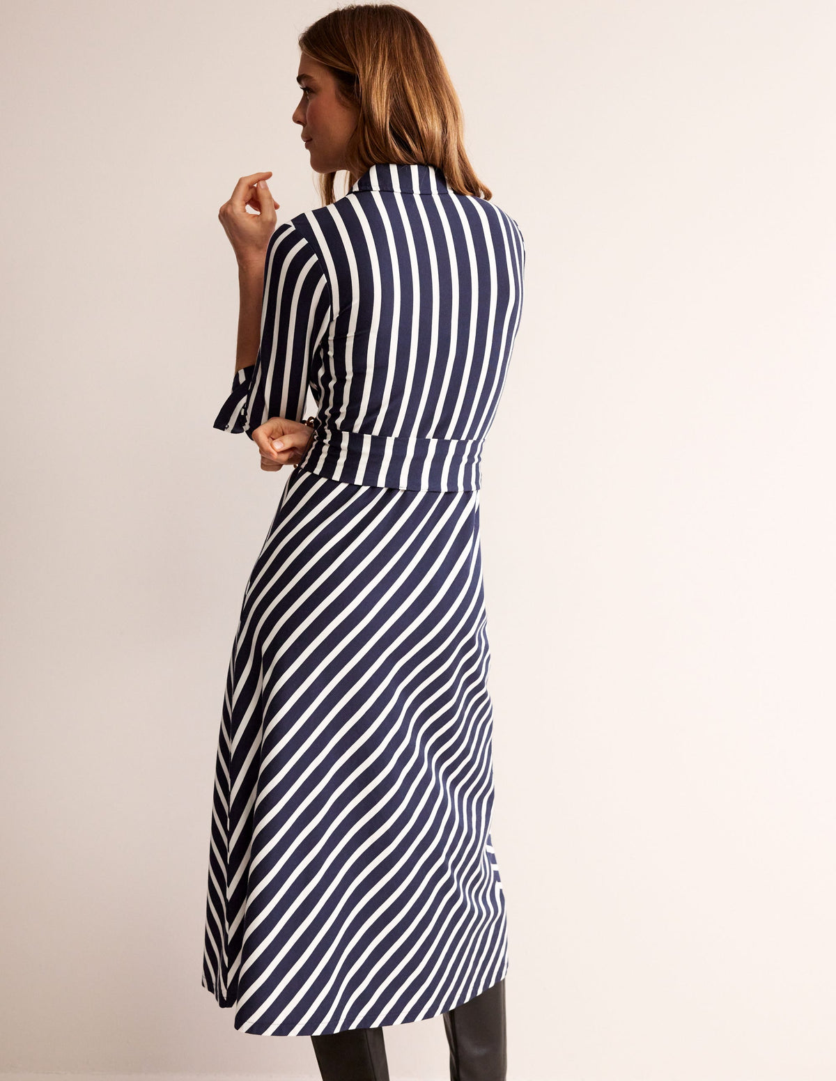 Robe-chemise midi Laura en jersey-Bleu marine foncé, rayé ivoire-3