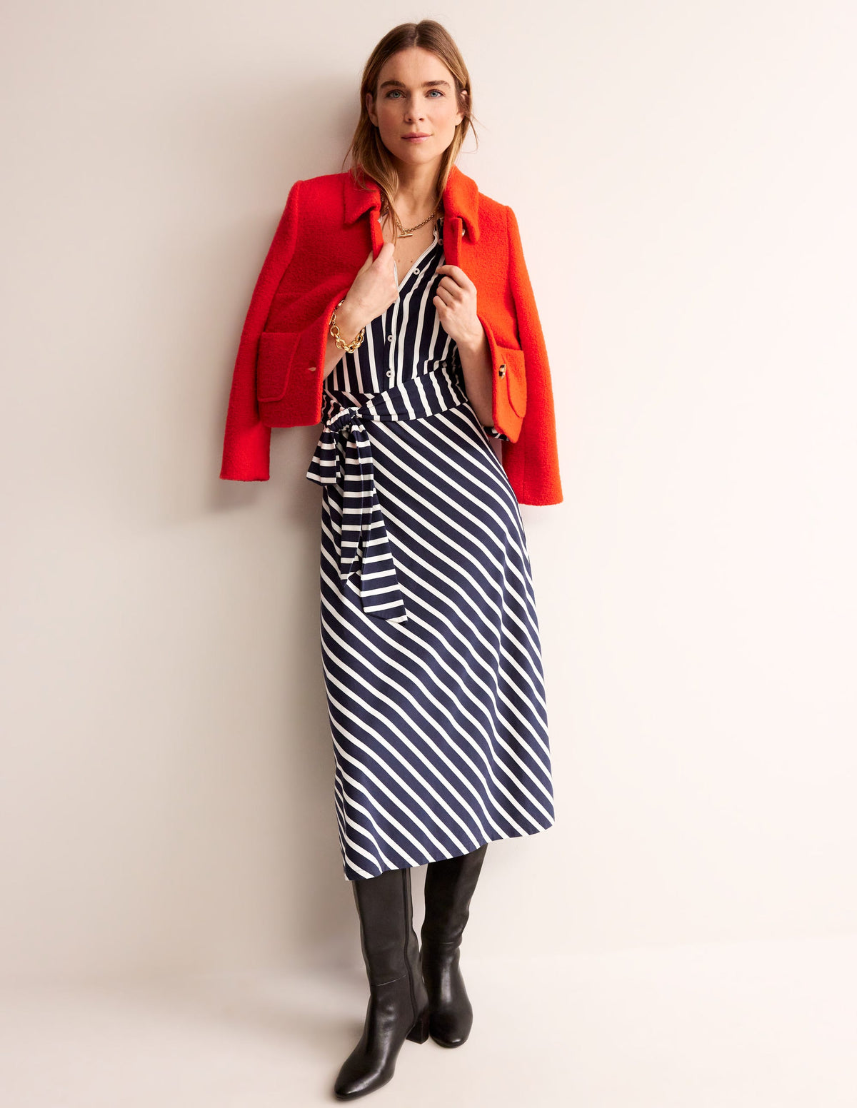 Robe-chemise midi Laura en jersey-Bleu marine foncé, rayé ivoire-4