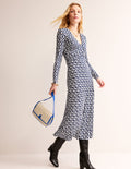 Robe midi Elodie à taille empire-Bleu marine foncé, motif Petal Chain