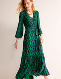 Robe portefeuille longue en jersey-Vert viridien, motif Geo Valley
