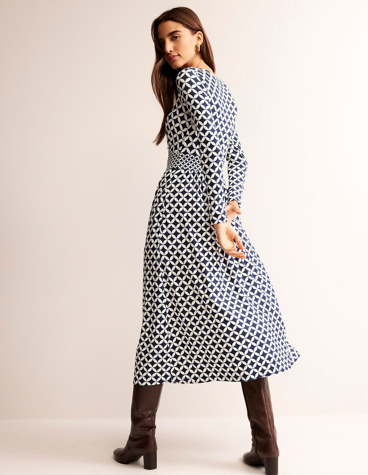 Robe midi Thea en jersey à manches longues-Bleu marine foncé, motif Diamond Terrace-3