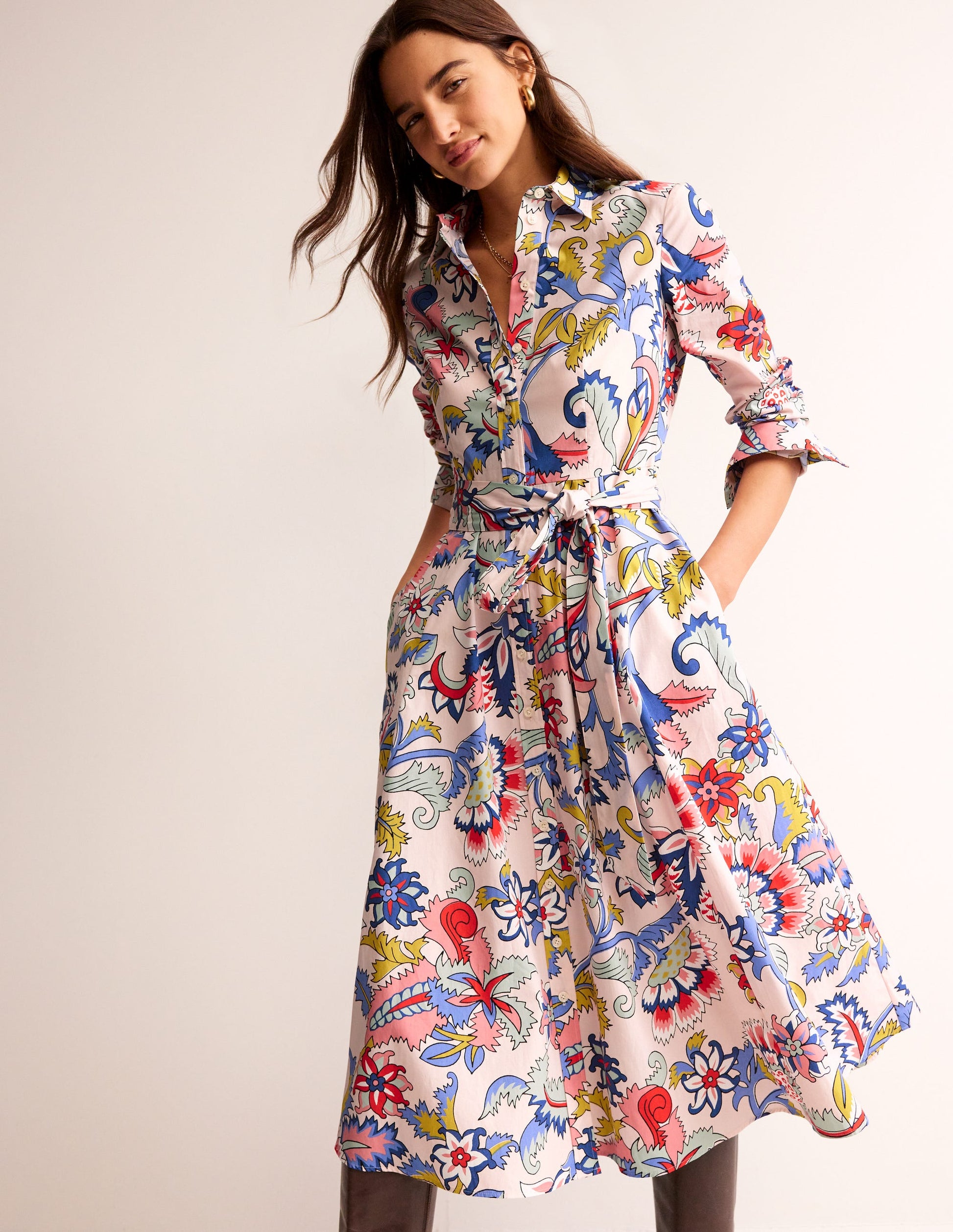 Amy Midi-Hemdblusenkleid aus Baumwolle-Marshmallow, Blumenstrauß-1