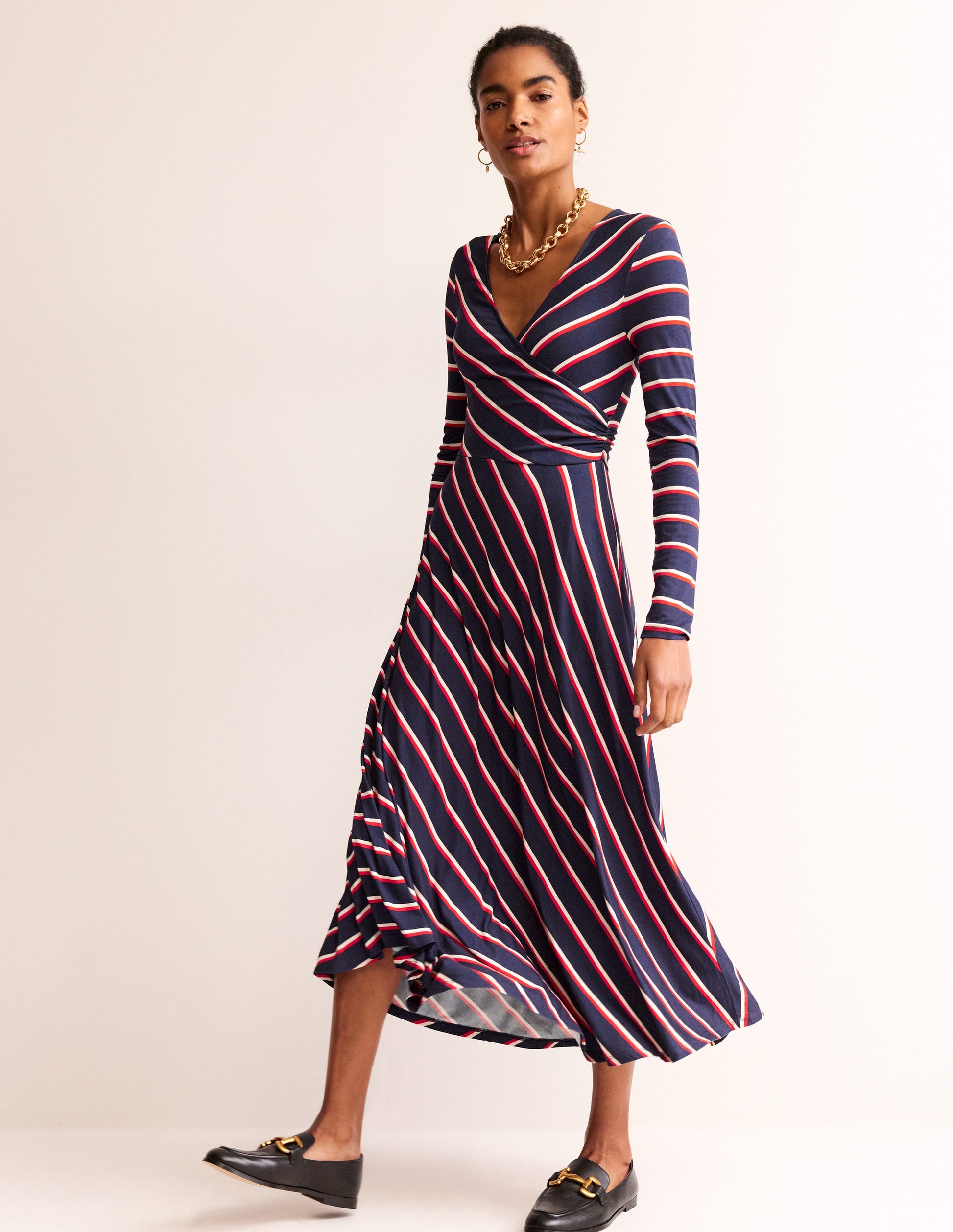Robe midi en jersey à rayures pêle-mêle-Rayé bleu marine, rayé, blanc-1