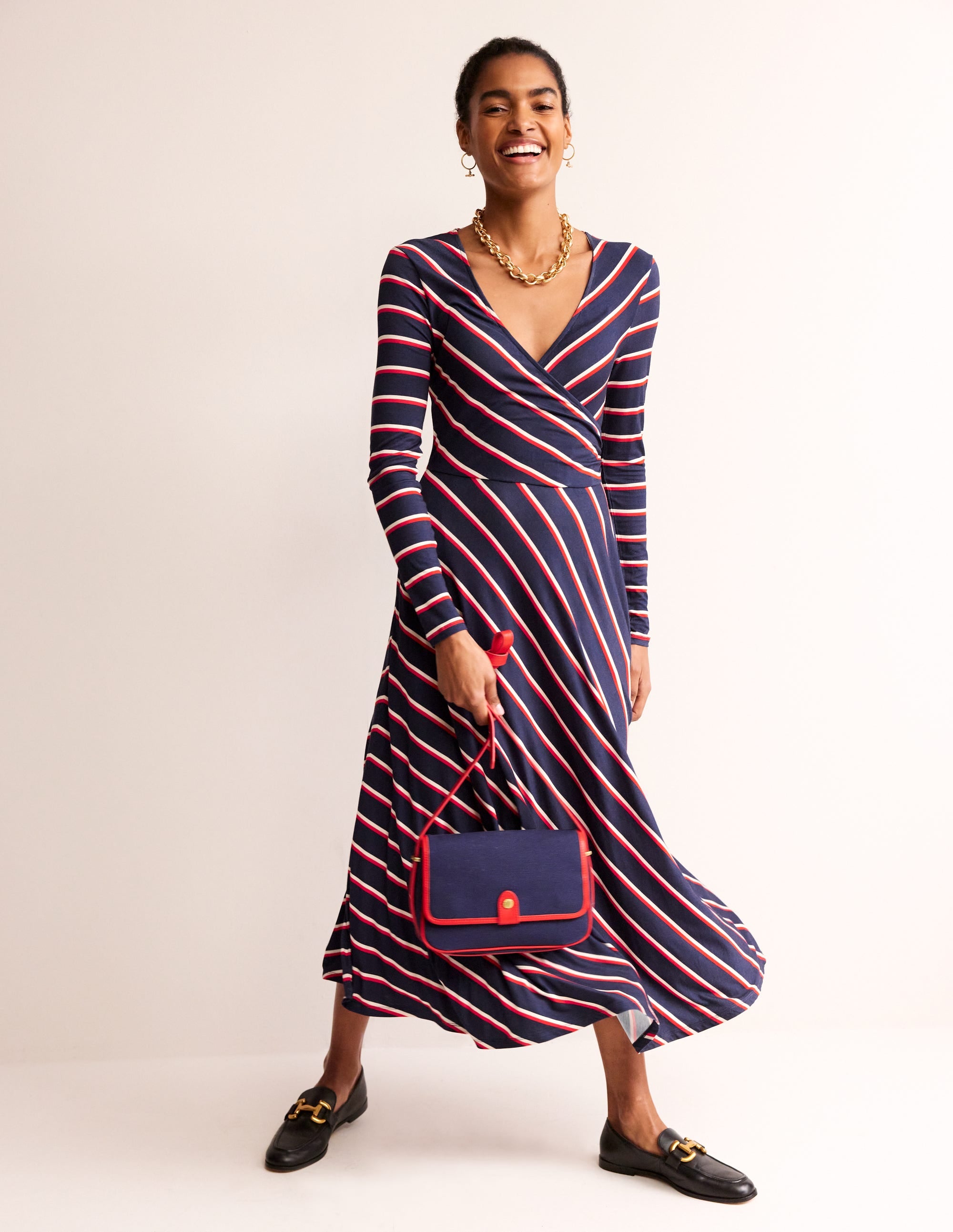 Robe midi en jersey à rayures pêle-mêle-Rayé bleu marine, rayé, blanc - Image 4