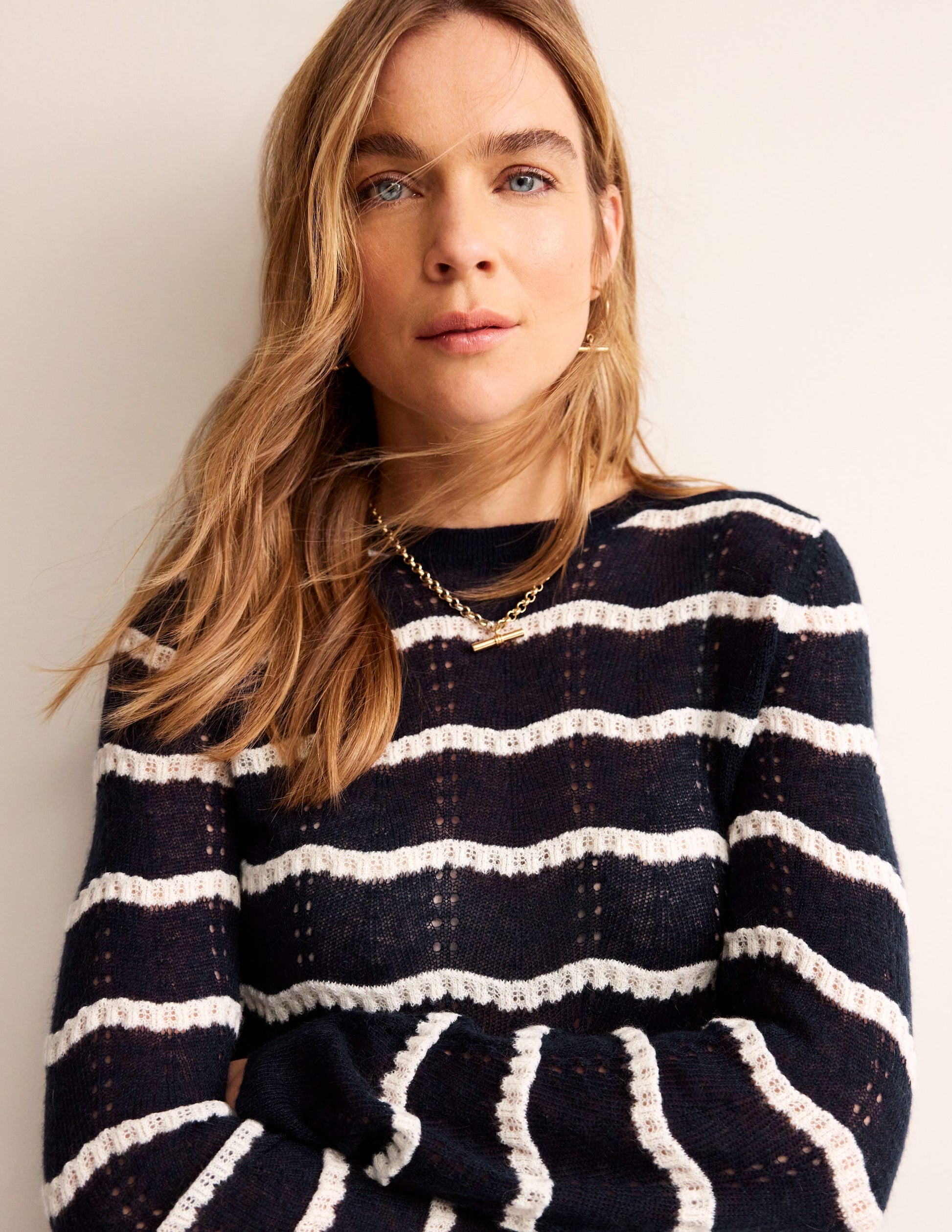 Fluffy Pointelle Stitch Jumper-Naval Academy, Ivory Stripe-1