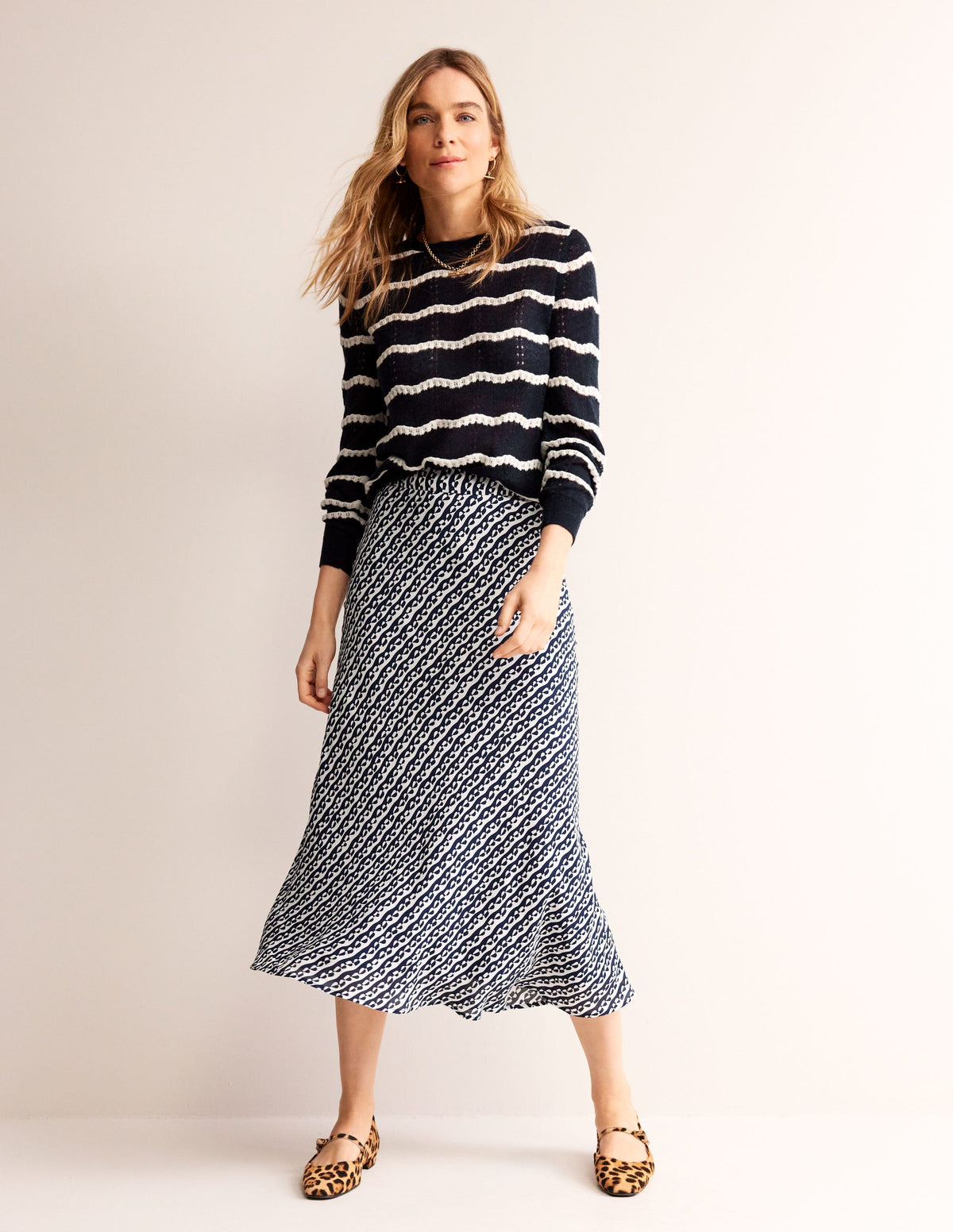 Fluffy Pointelle Stitch Jumper-Naval Academy, Ivory Stripe - Image 4