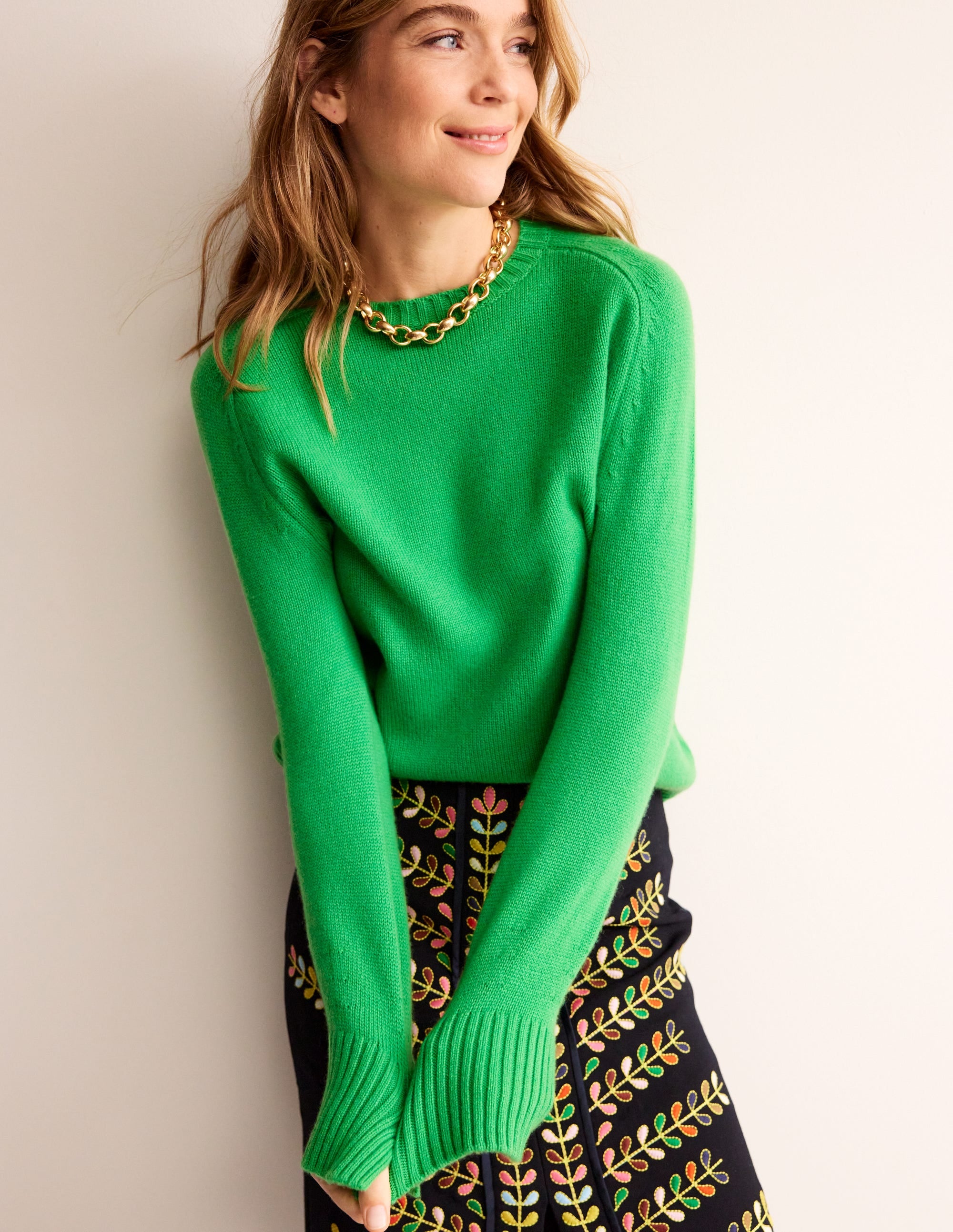 Pull en cachemire fendu aux poignets-Vert vif - Image 1