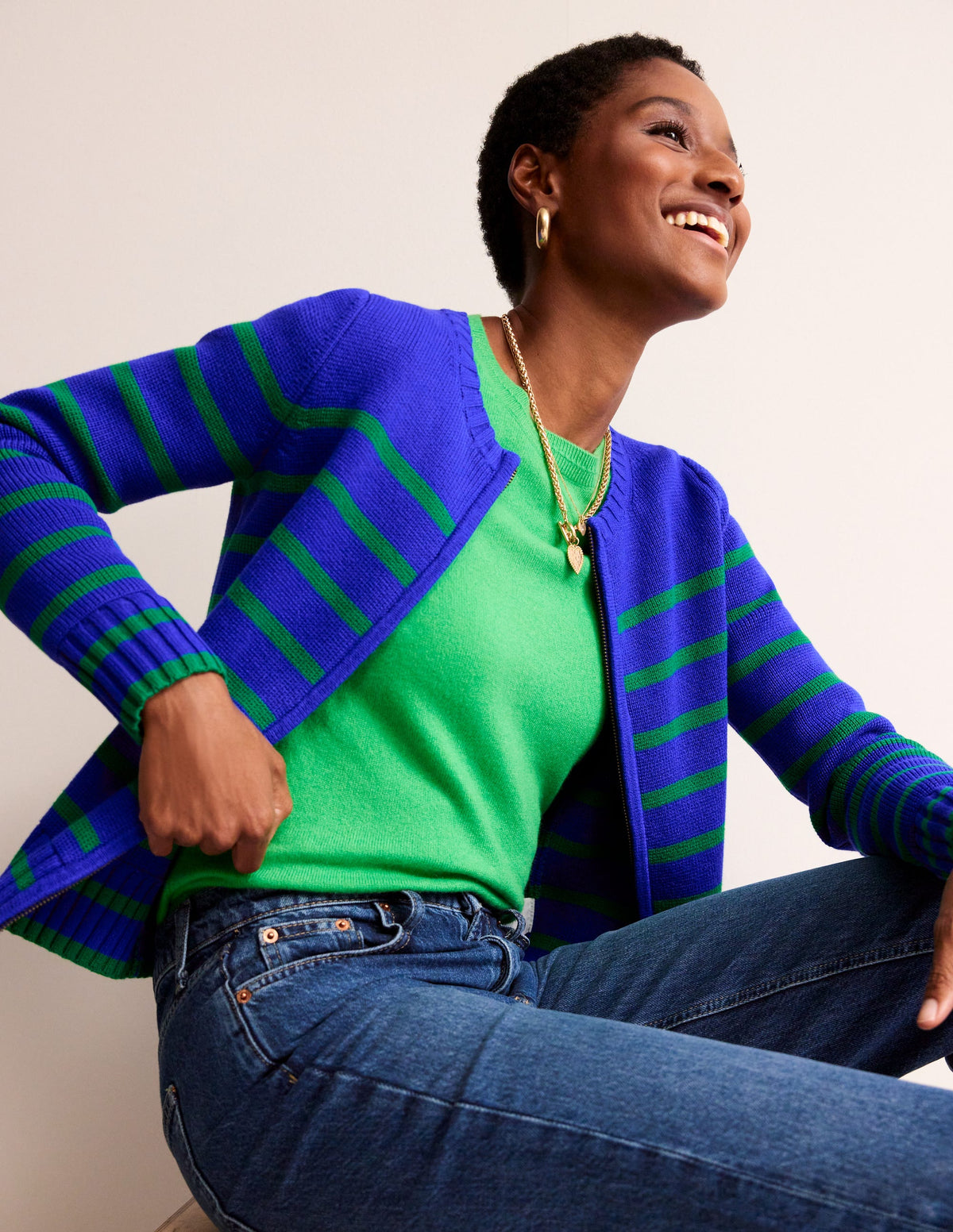 Cardigan style marinière en coton-Bleu connecté/vert-1