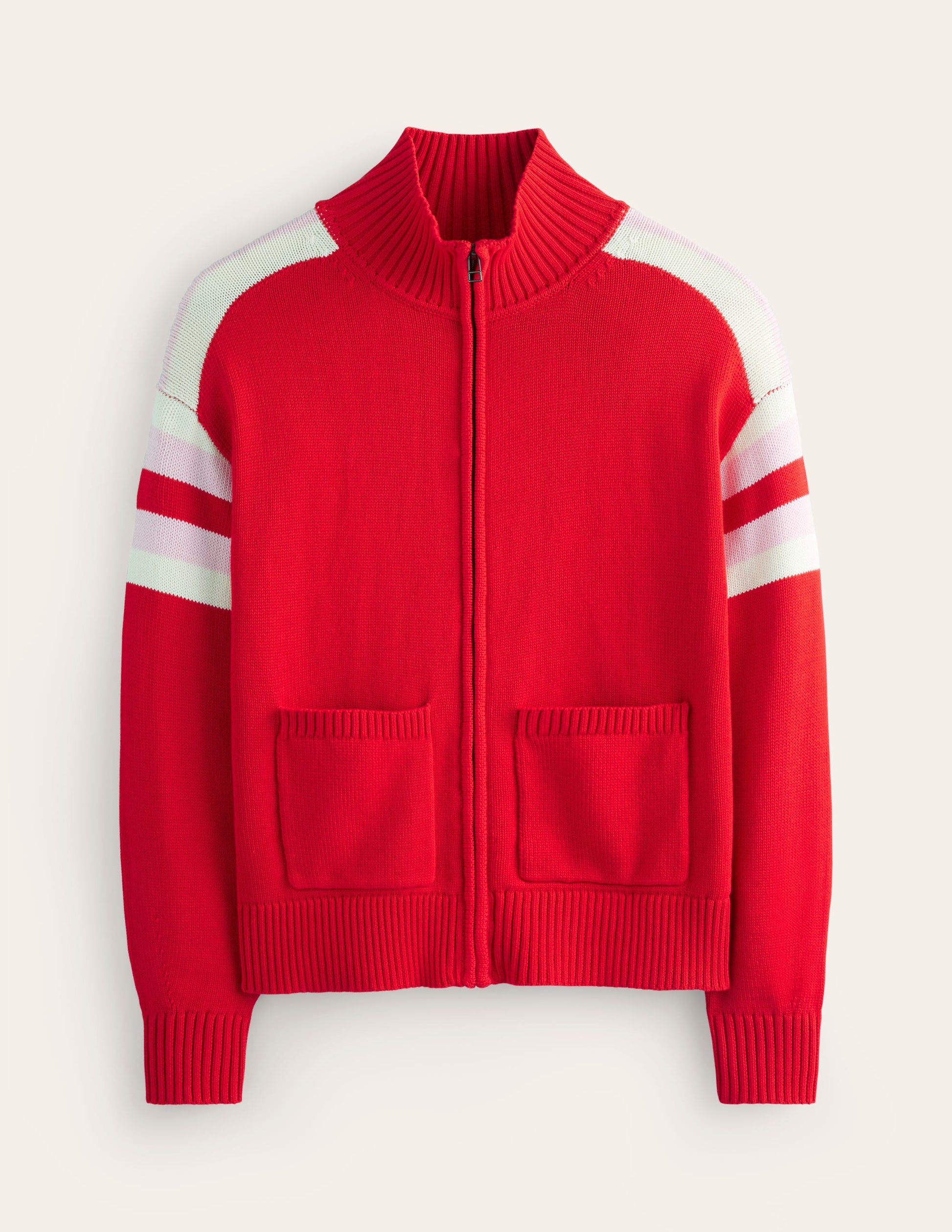 Strickjacke mit Reißverschluss-Flame Scarlet, Naturweiß Streifen-6