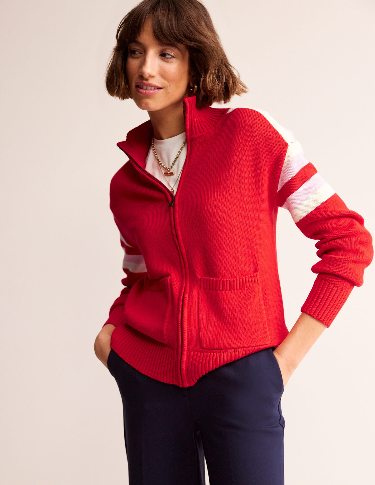 Strickjacke mit Reißverschluss-Flame Scarlet, Naturweiß Streifen-2
