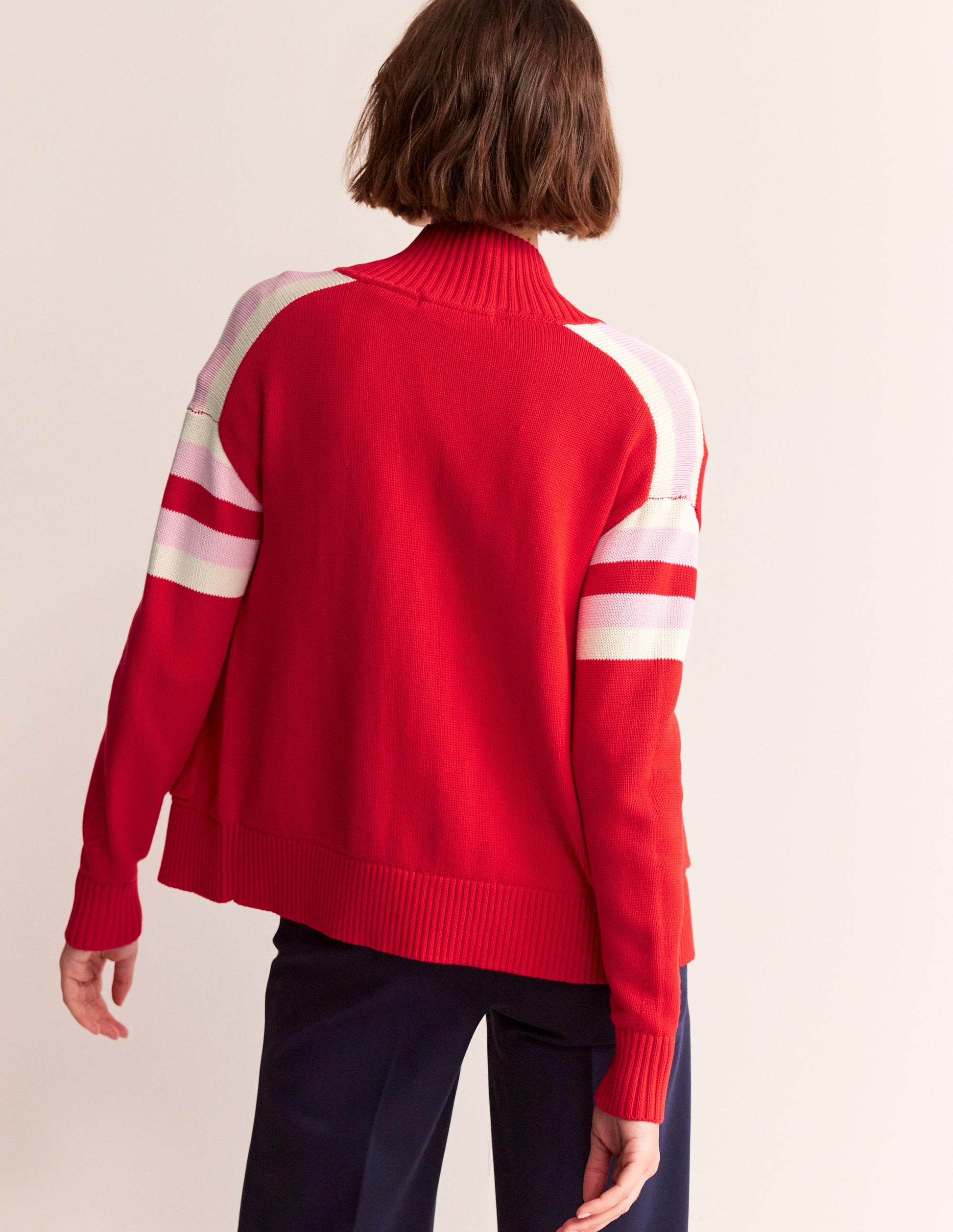Strickjacke mit Reißverschluss-Flame Scarlet, Naturweiß Streifen-3