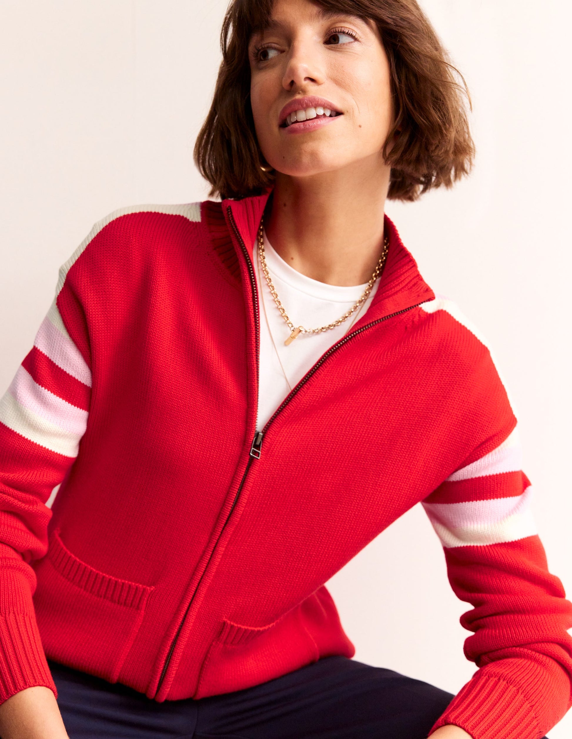 Strickjacke mit Reißverschluss-Flame Scarlet, Naturweiß Streifen-4