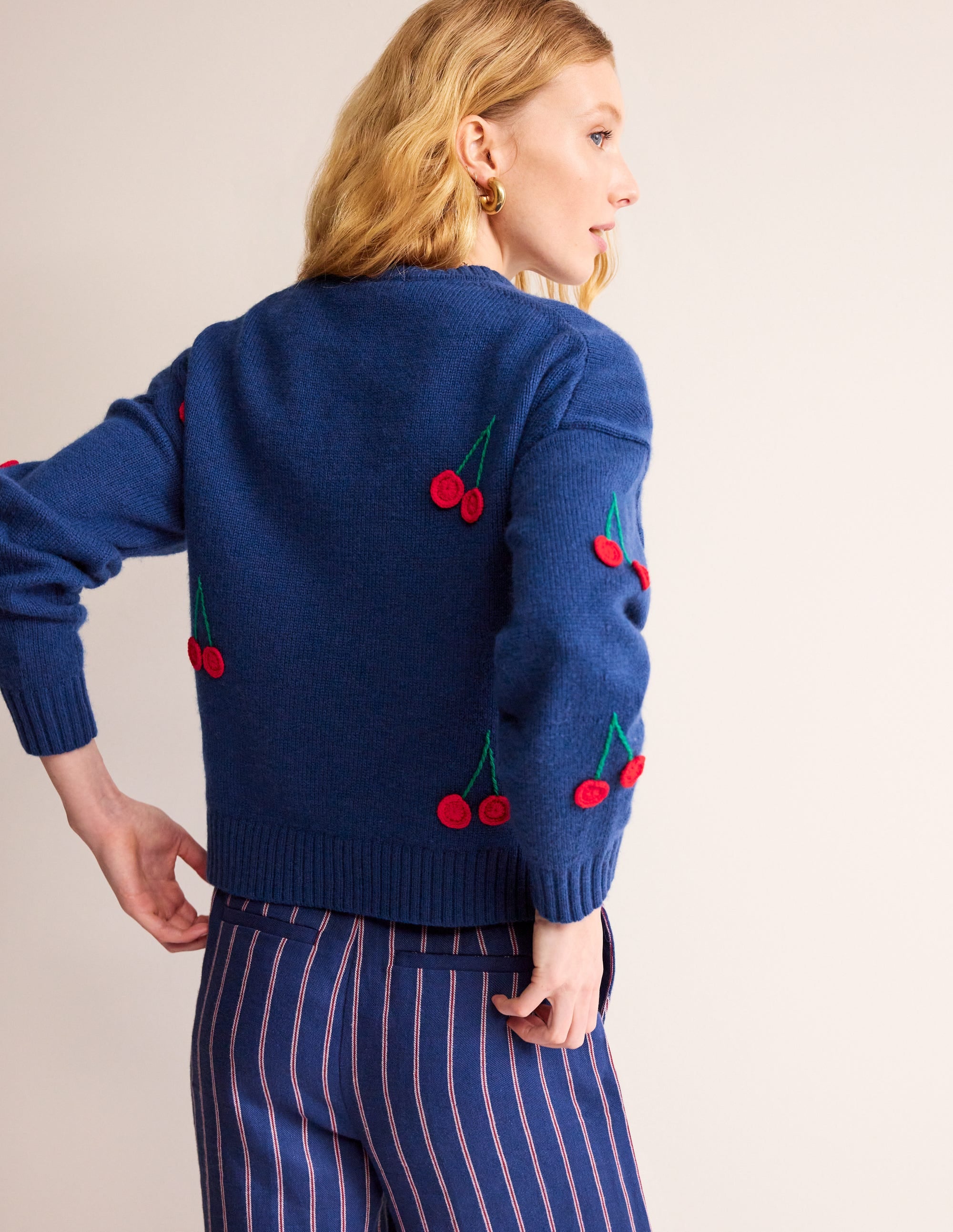 Hand Embroidered Jumper-Blue Decadence, Cherries - Image 3