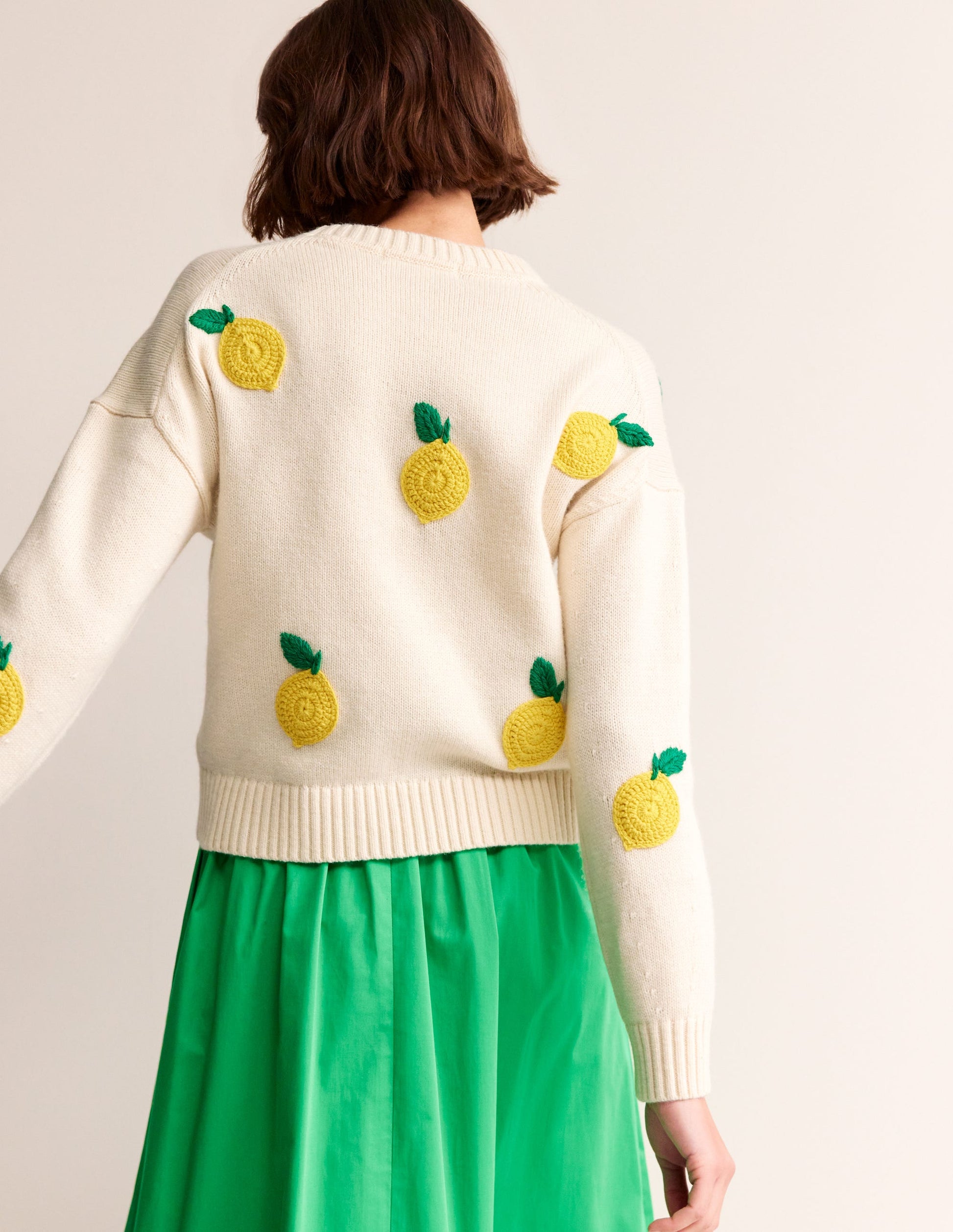 Handbestickter Pullover-Warmes Naturweiß, Zitronen-4