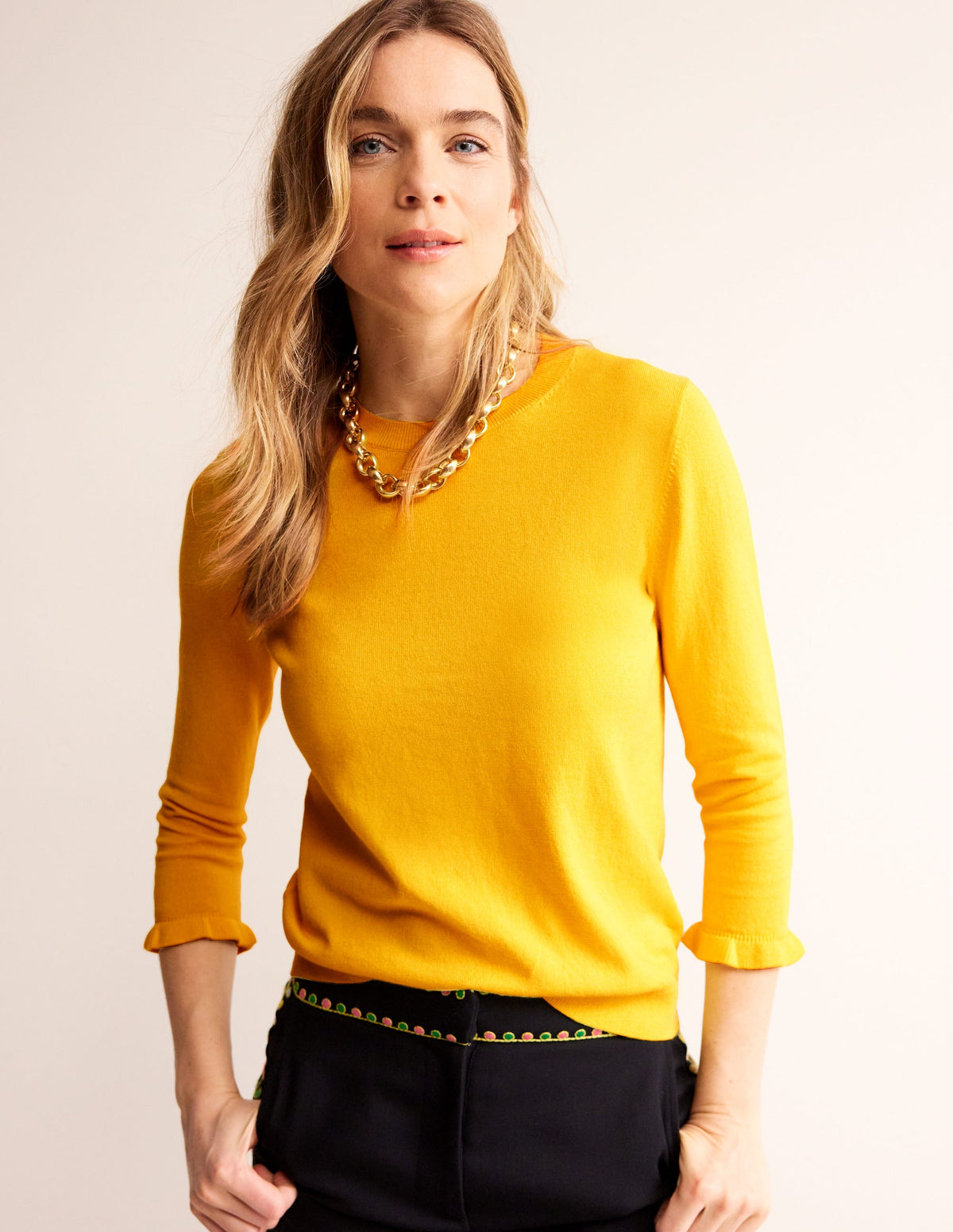 Rüschen-Pullover aus Baumwolle und Merinowolle-Mimosengelb-1