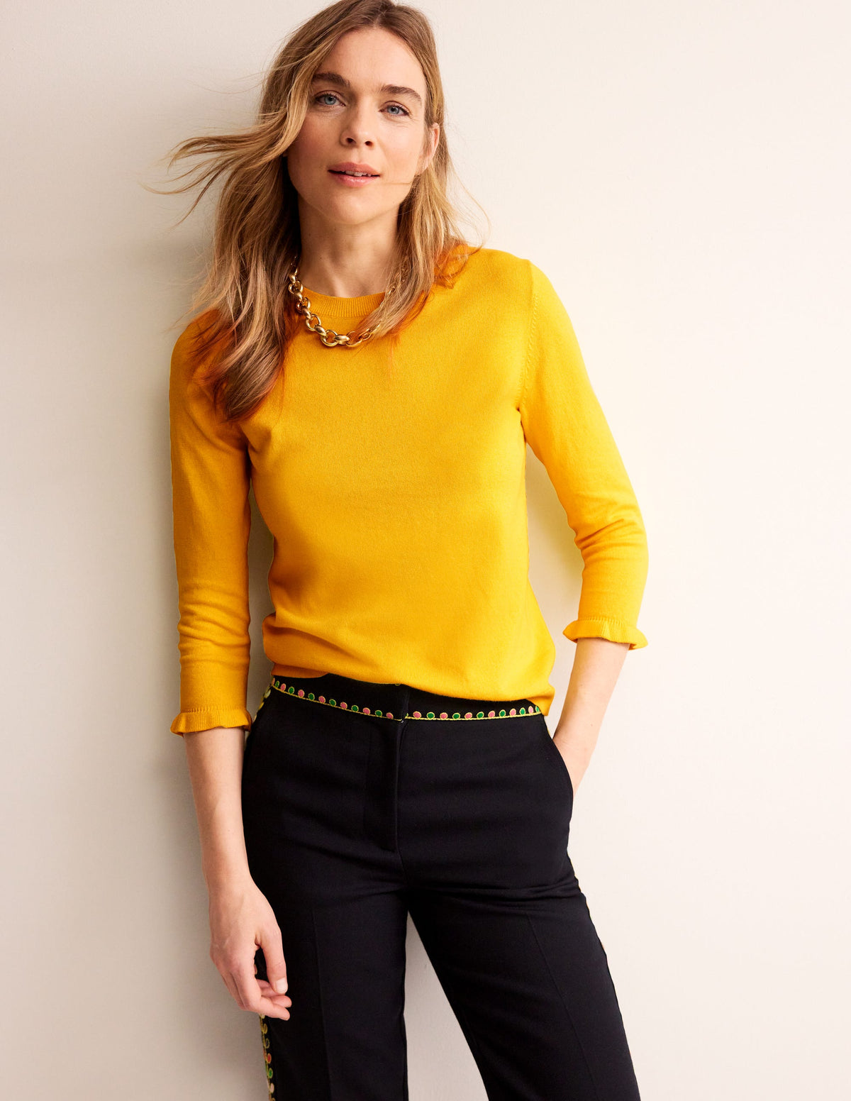 Rüschen-Pullover aus Baumwolle und Merinowolle-Mimosengelb - Image 4