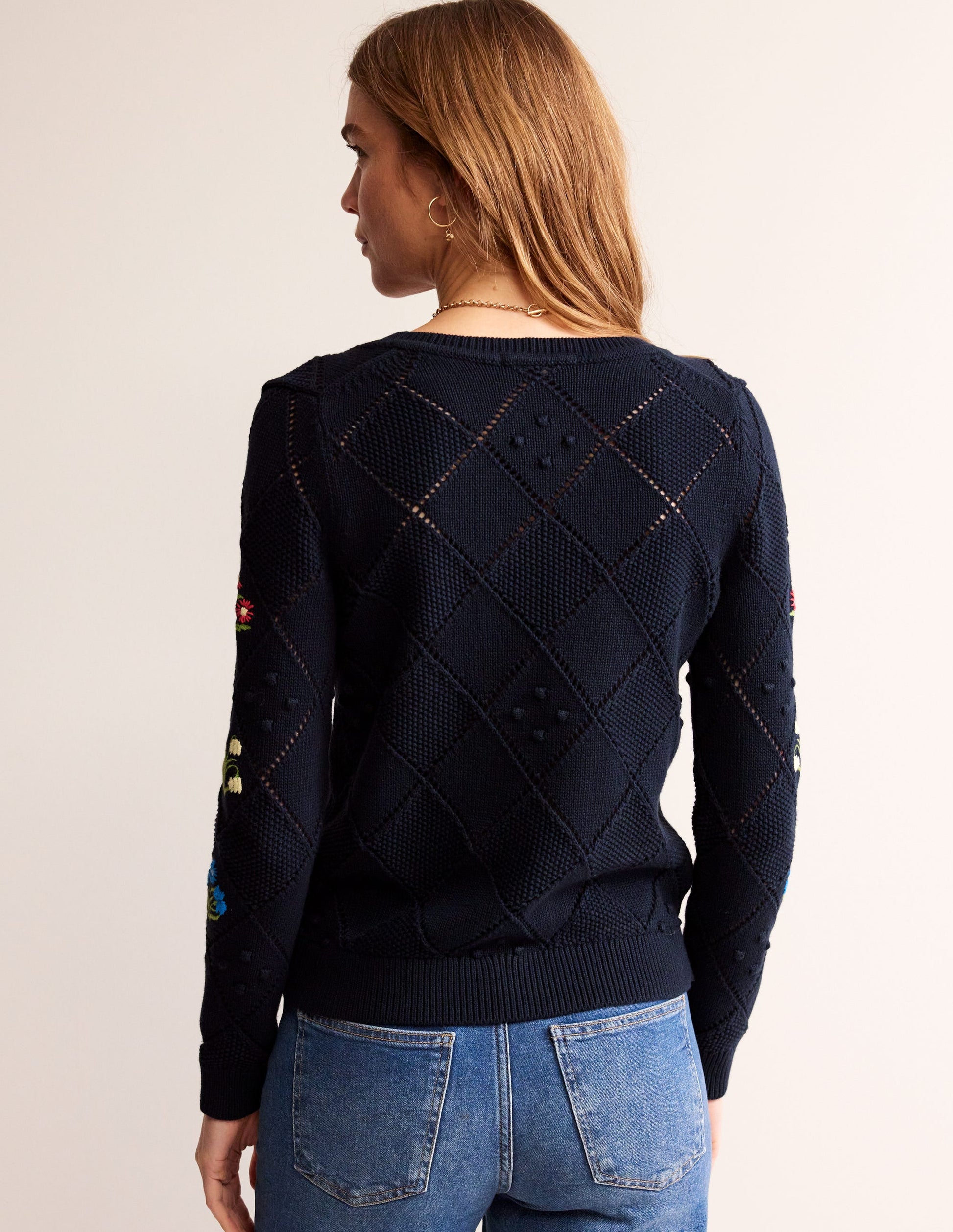 Strickjacke mit Stickerei aus Baumwolle-Marineblau-3