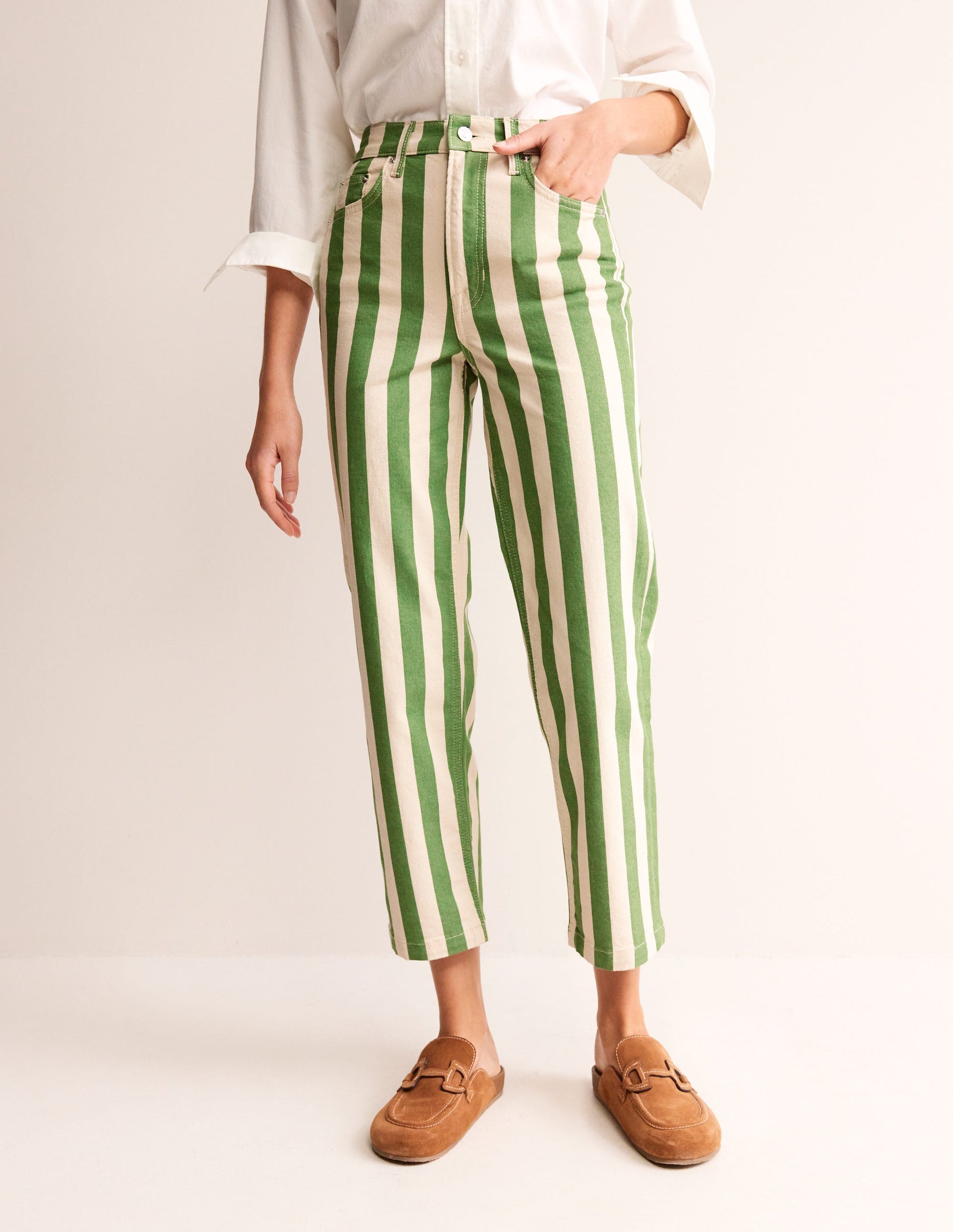 Gerade geschnittene Hose mit Streifen-Grün und Naturweiß gestreift-4