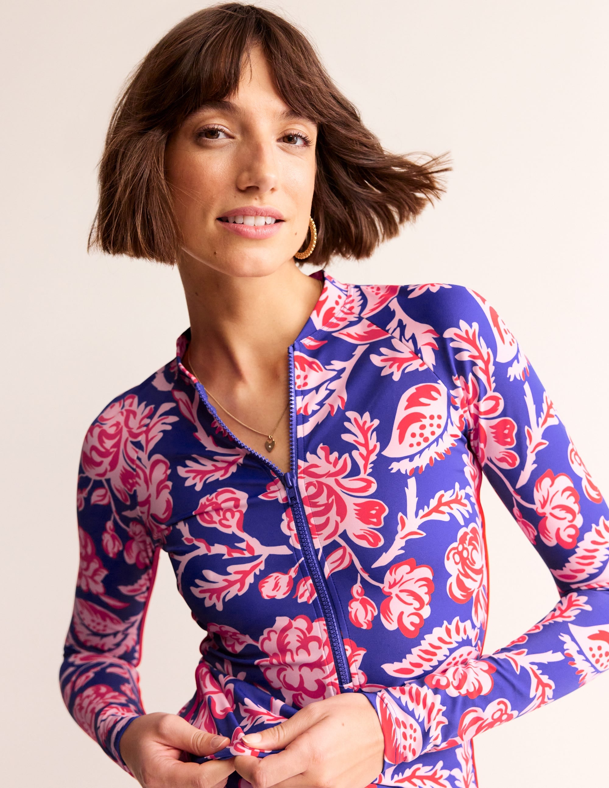 Paspeliertes Raglan-Badetop-Surf The Web Blau, Puderrosa - Image 1