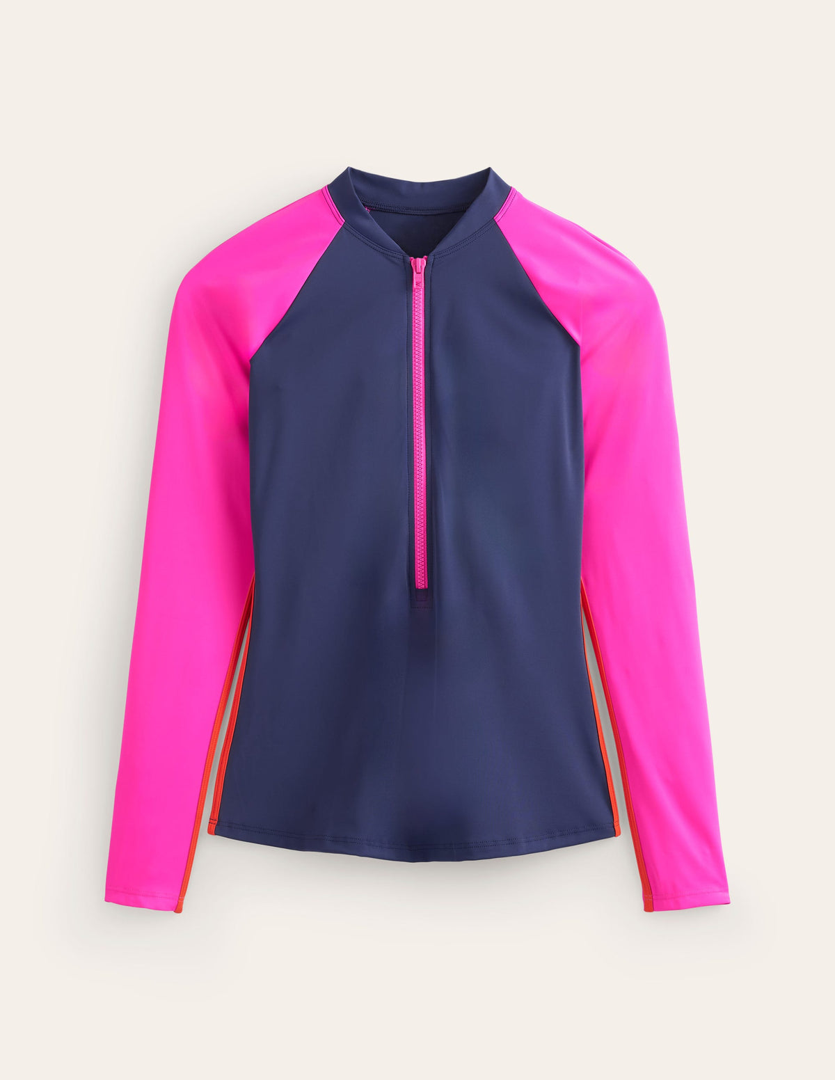 Paspeliertes Raglan-Badetop-Marineblau/Super Rosa Blockfarben - Image 5