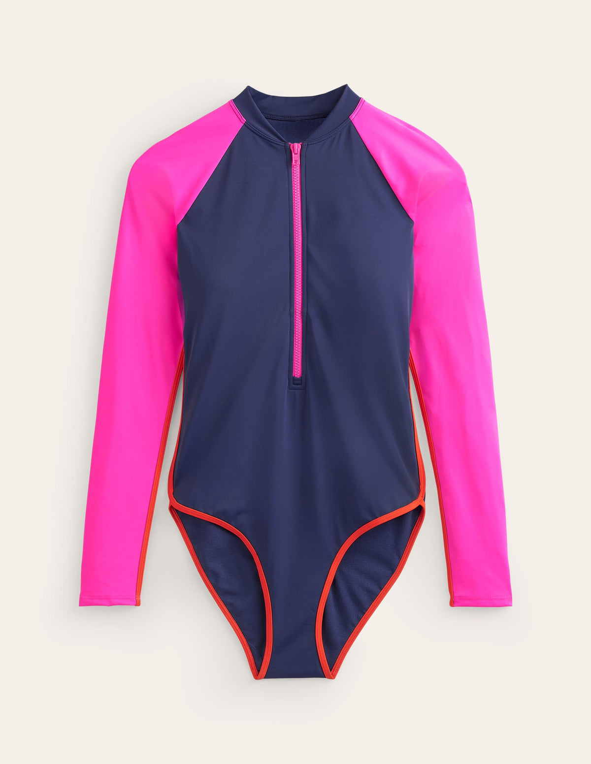 Maillot de bain à manches raglan et passepoil-Colourblock bleu marine/super rose-5